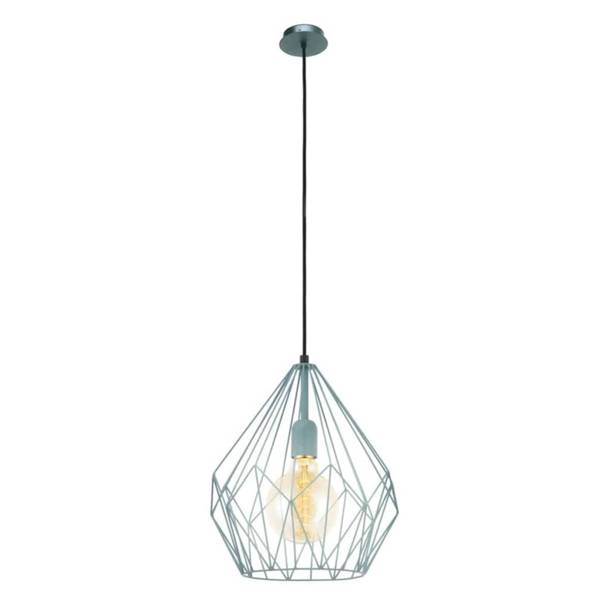 Eine Lampe hängt von der Decke. Sie hat ein geometrisches Käfigdesign in hellblauer Farbe und eine sichtbare Glühbirne.