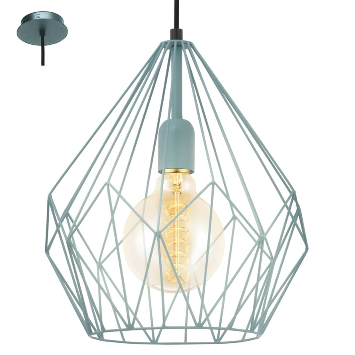 Eine teal geometrische Pendelleuchte mit sichtbarer Glühbirne. Das Licht hängt an einem schwarzen Kabel und einer passenden teal Deckenleuchte.
