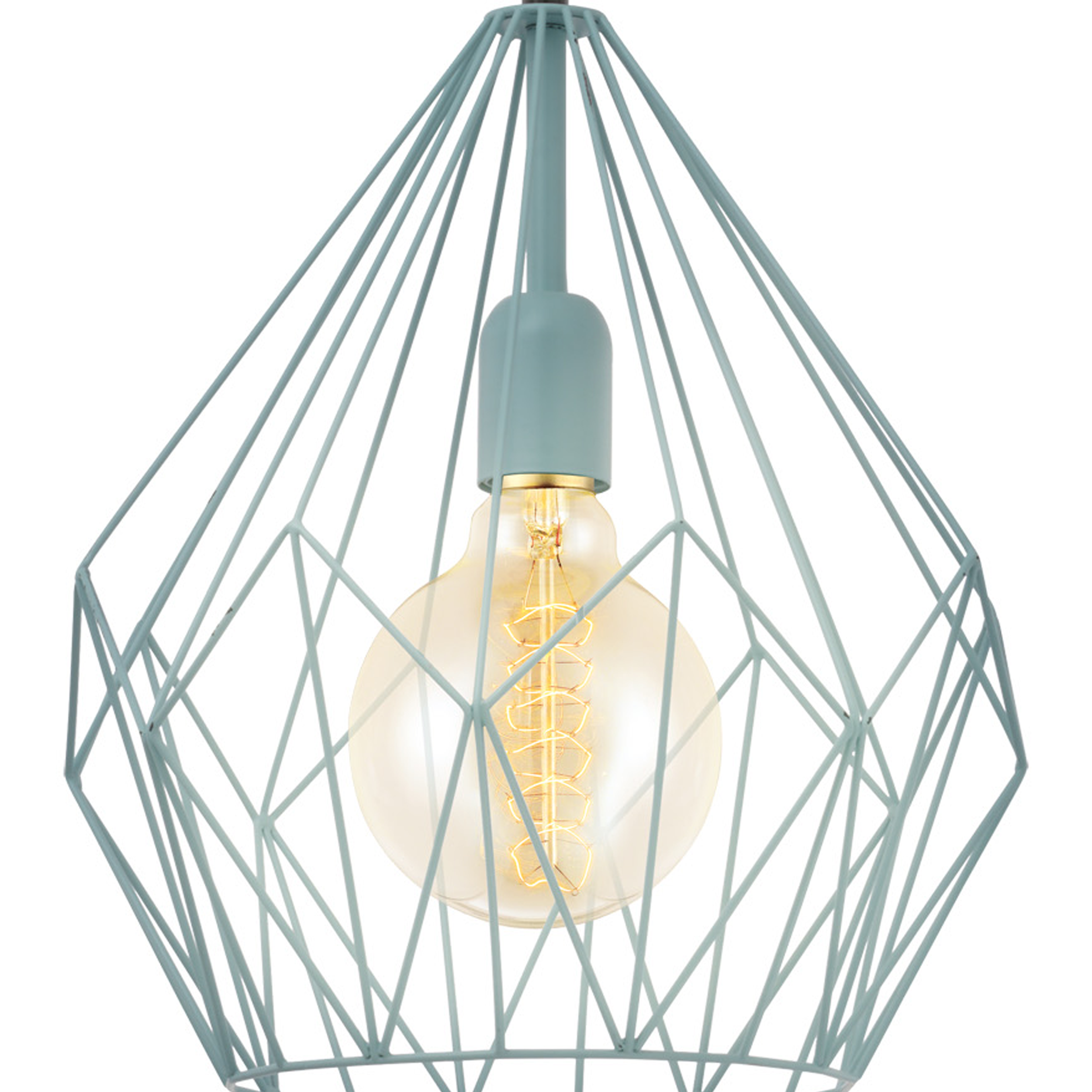 Eine teal geometrische Pendelleuchte mit einer Glühbirne in der Mitte.