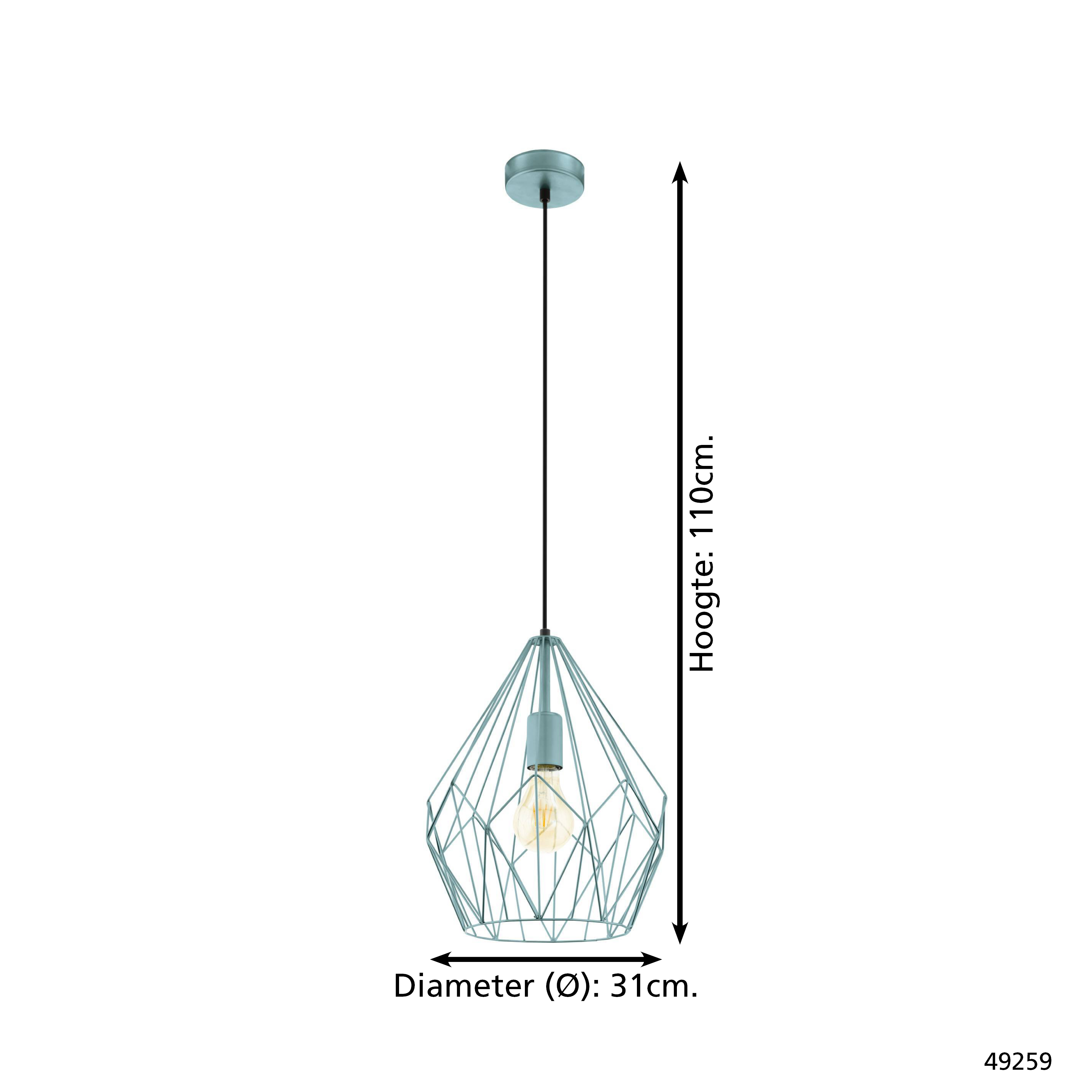 Eine tealfarbene geometrische Pendelleuchte mit sichtbarer Glühbirne, vor weißem Hintergrund. Maße sind angegeben.