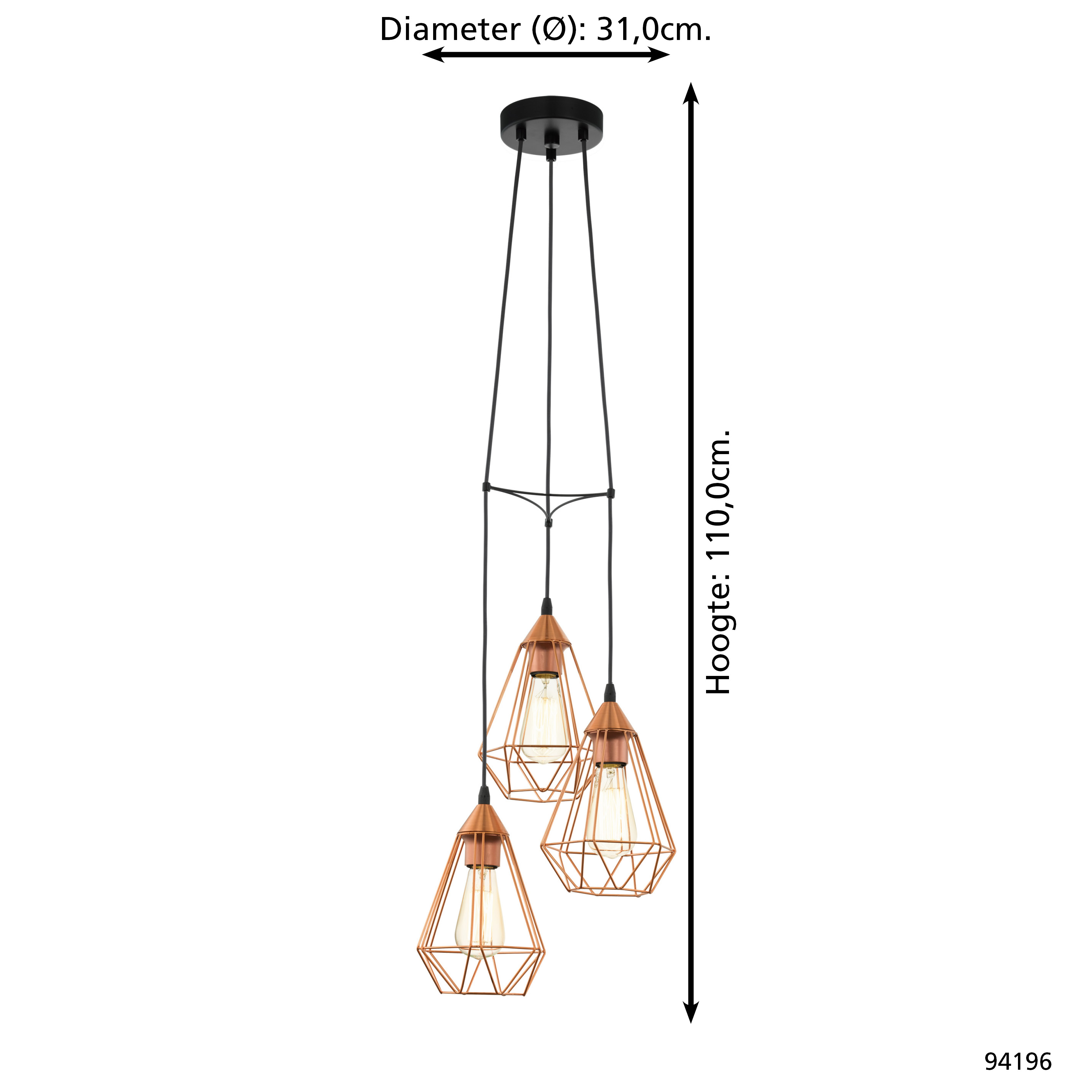 Drei kupferfarbene, geometrische Pendelleuchten, die von einer schwarzen Deckenhalterung hängen, jede mit einer sichtbaren Glühbirne.