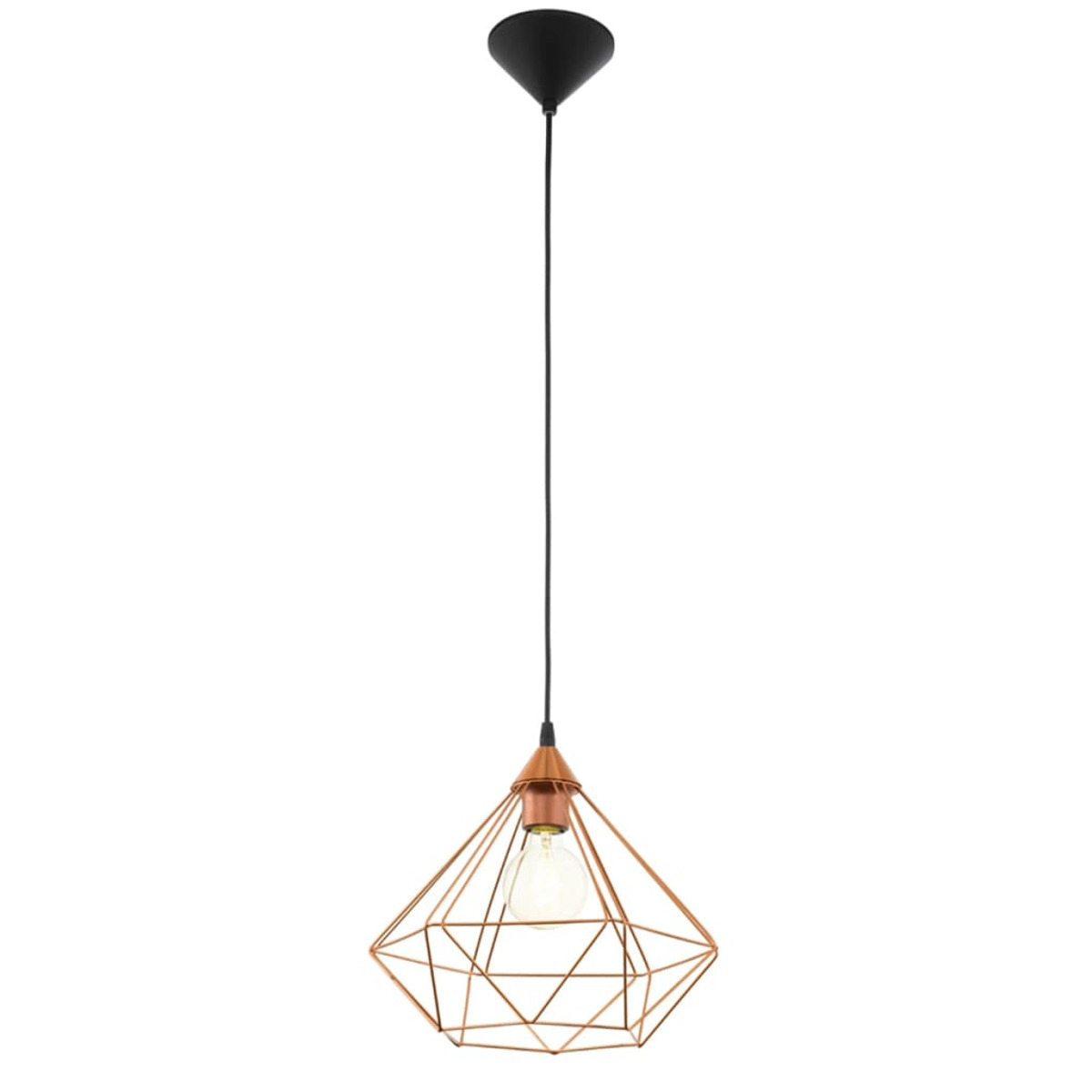 Una lampada a sospensione con montaggio a soffitto nero, filo nero e paralume geometrico in rame, con lampadina.