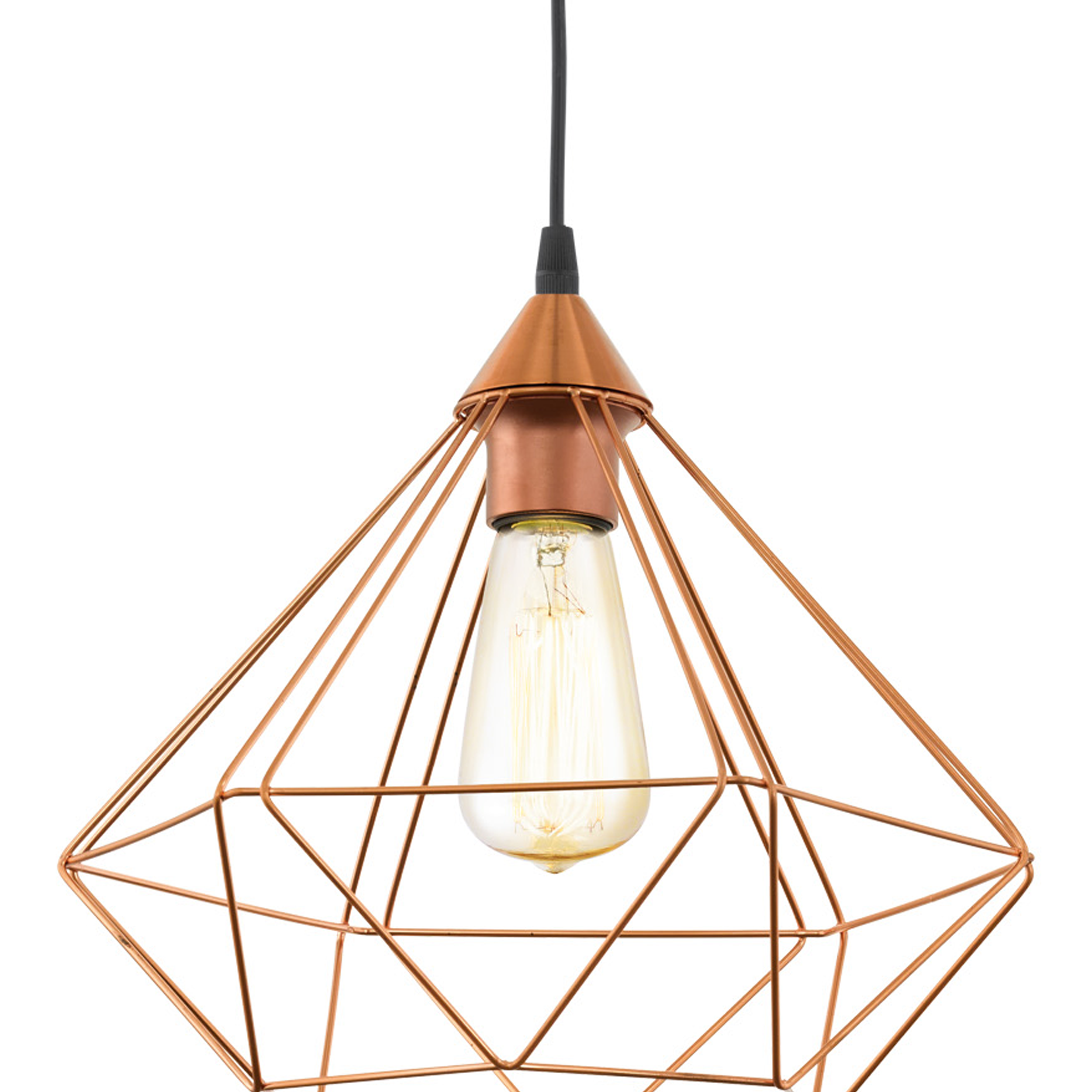 Una lampada a sospensione geometrica color rame con una lampadina all'interno, appesa a un filo nero su sfondo bianco.