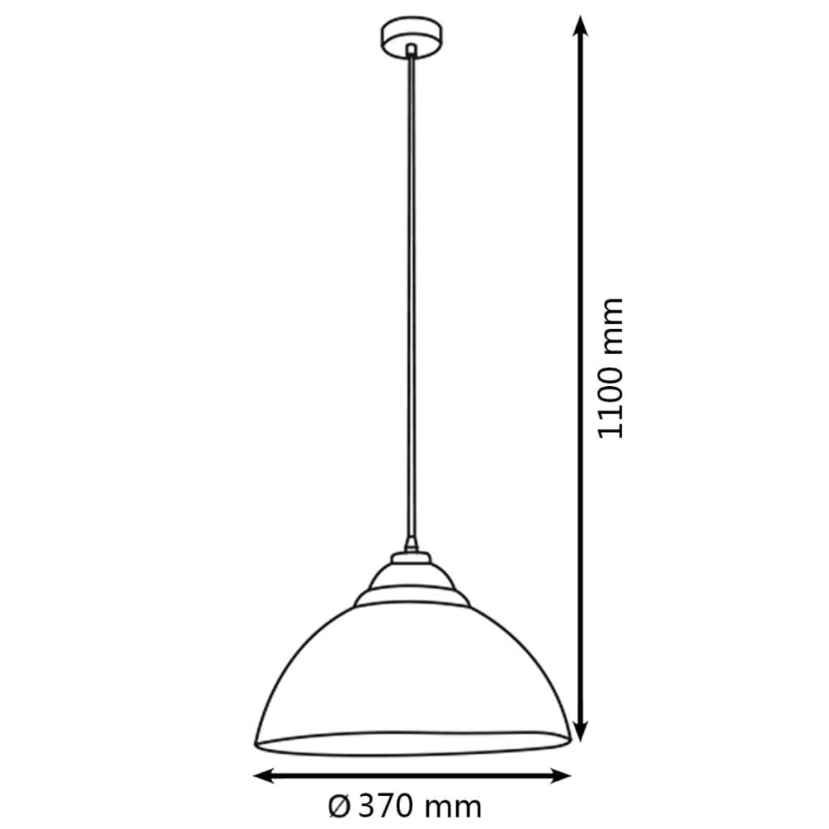 Diagramm einer Pendelleuchte. Es hat einen kreisförmigen Lampenschirm, ein langes Kabel und Maße von 370 mm Durchmesser und 1100 mm Länge.