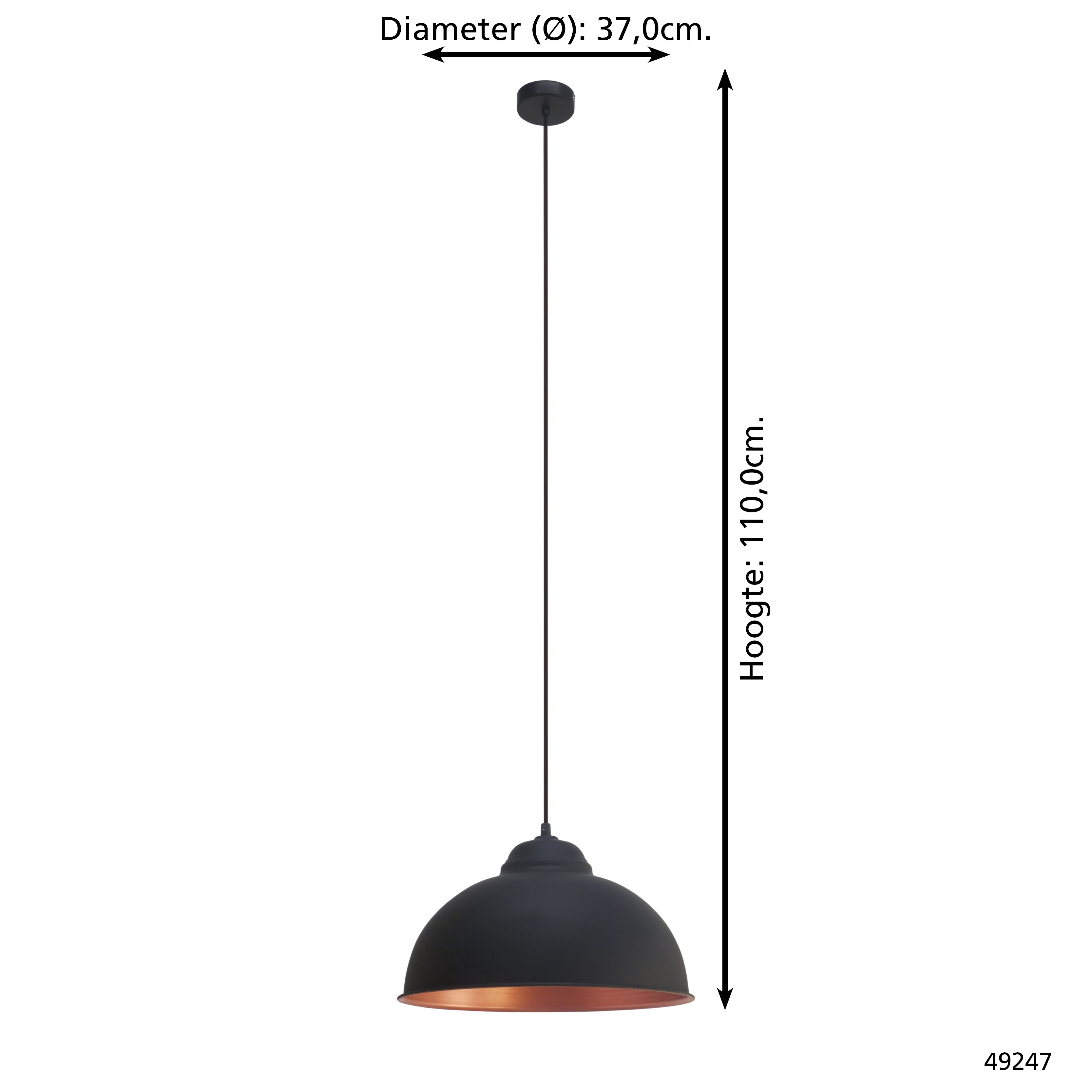 Eine schwarze Pendelleuchte mit kupferfarbenem Innenraum. Die Lampe hängt von der Decke. Abmessungen sind angegeben.