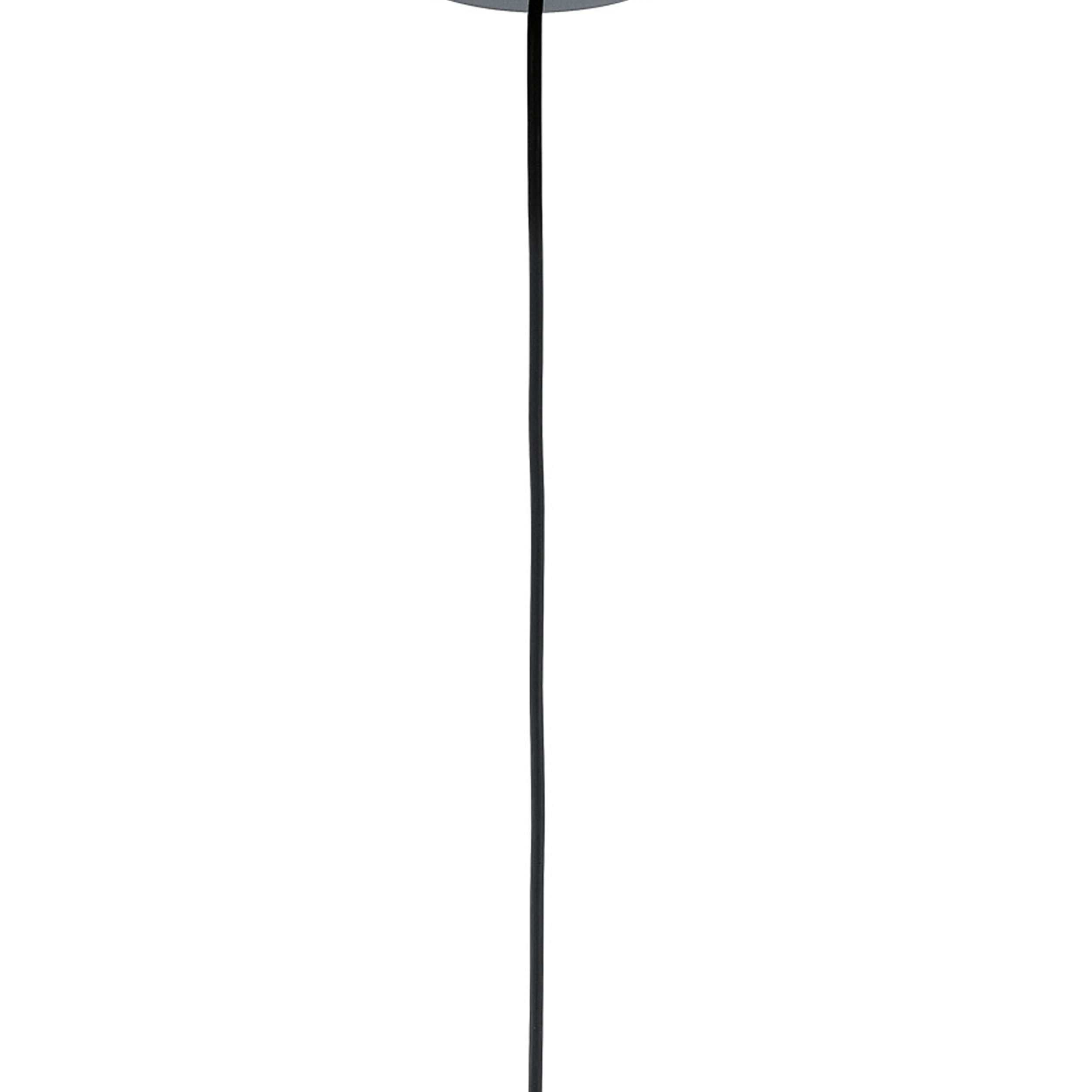 Un cable negro se extiende hacia abajo desde un accesorio circular sobre un fondo blanco.