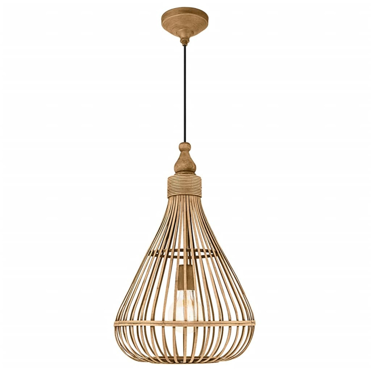 Drewniana lampa wisząca z kloszem w kształcie klatki. Wisi pod sufitem. Żarówka jest widoczna wewnątrz klatki. Tło jest białe.