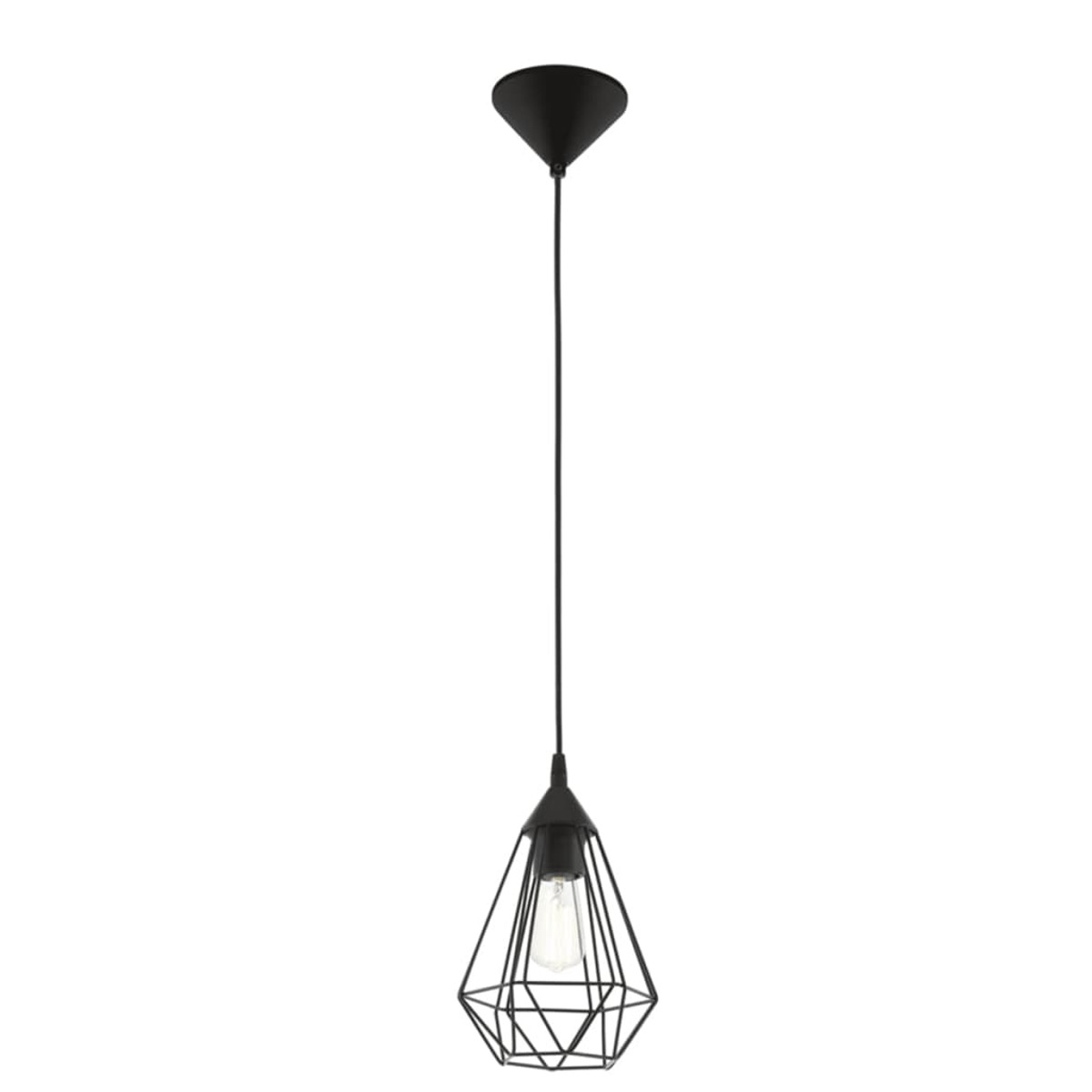 Una lampada a sospensione nera con paralume a gabbia geometrica in filo metallico pende dal soffitto. La lampadina è visibile all'interno.