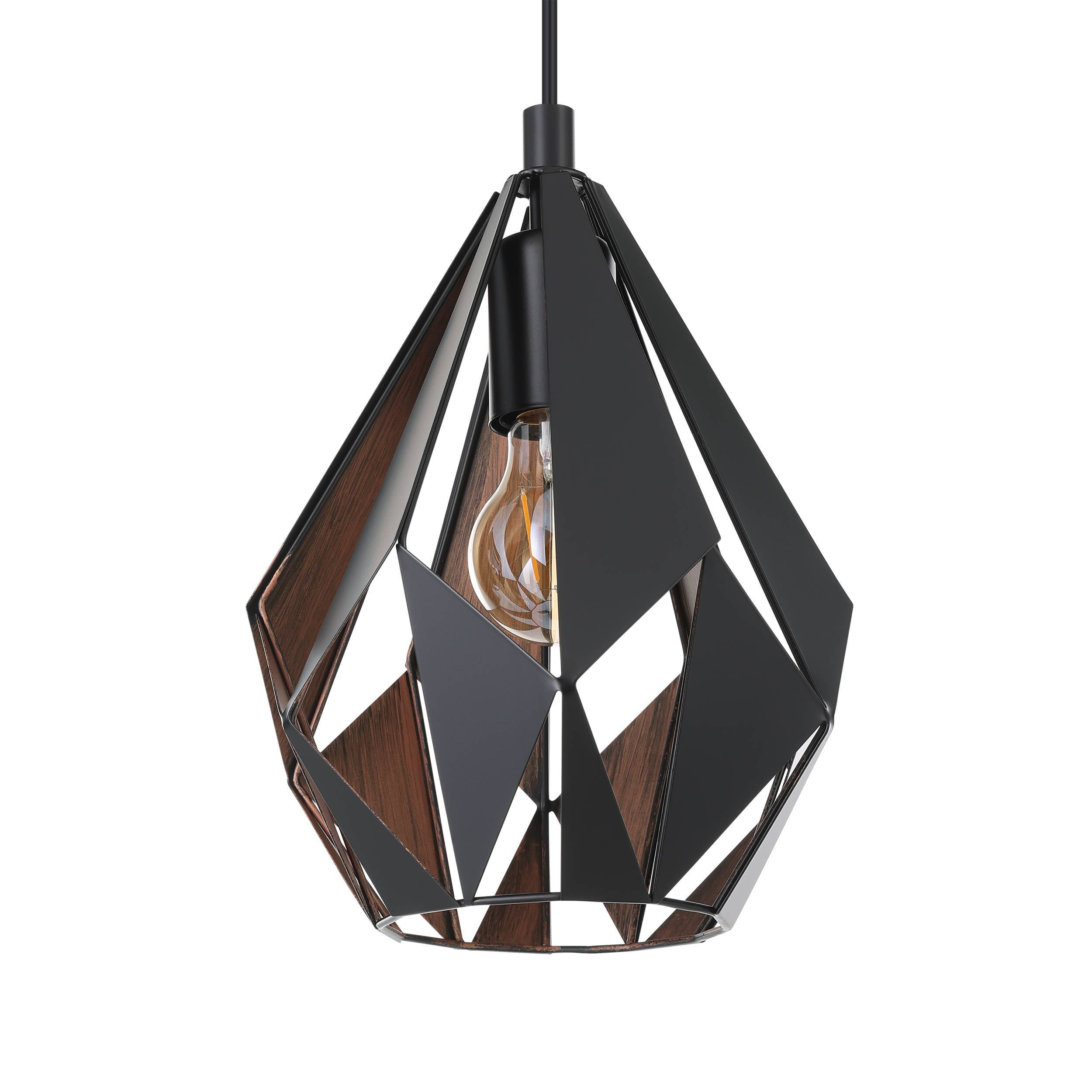 Lampada a sospensione geometrica con struttura in metallo nero e inserti in legno. All'interno del telaio c'è una lampadina.