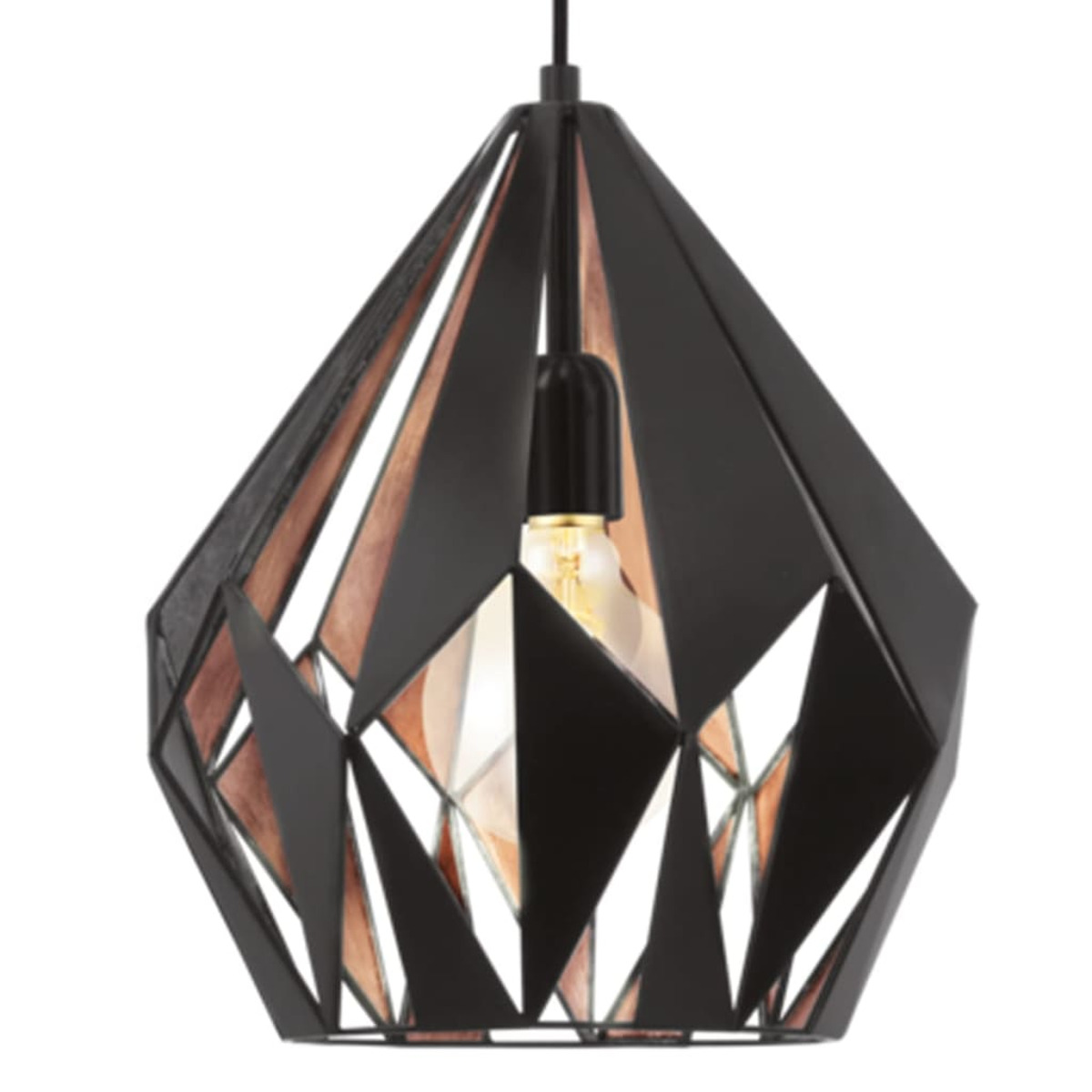 Eine geometrische Pendelleuchte in Schwarz und Kupfer hängt von der Decke. Die Glühbirne ist im offenen Rahmen sichtbar.
