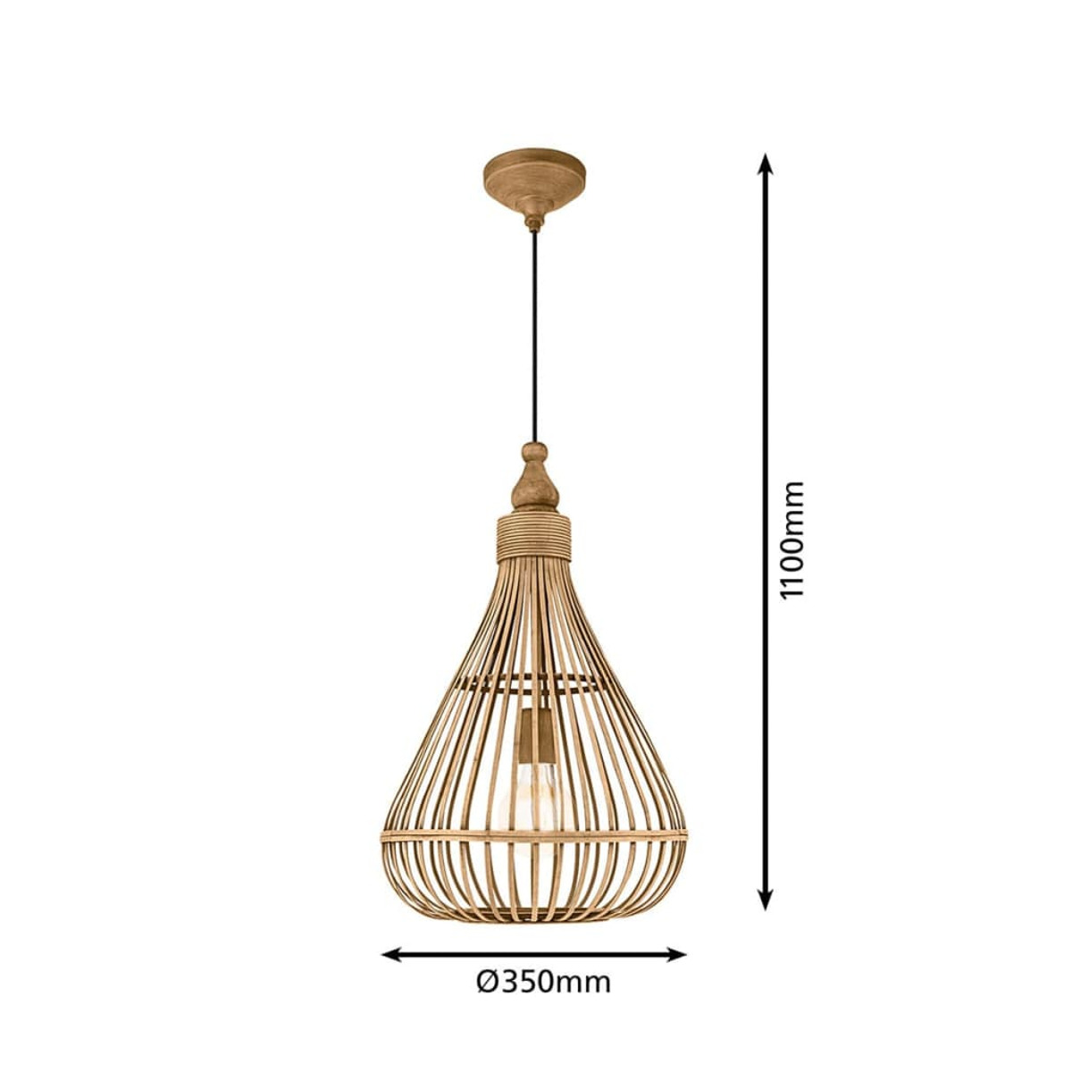 Drewniana lampa wisząca z kloszem w kształcie klatki, wymiary: średnica 350 mm, wysokość 1100 mm. Lampa ma żarówkę.