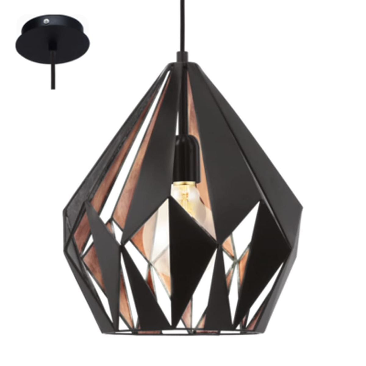 Eine schwarz-kupferfarbene geometrische Pendelleuchte mit freiliegender Glühbirne. Eine Deckenhalterung ist links sichtbar.