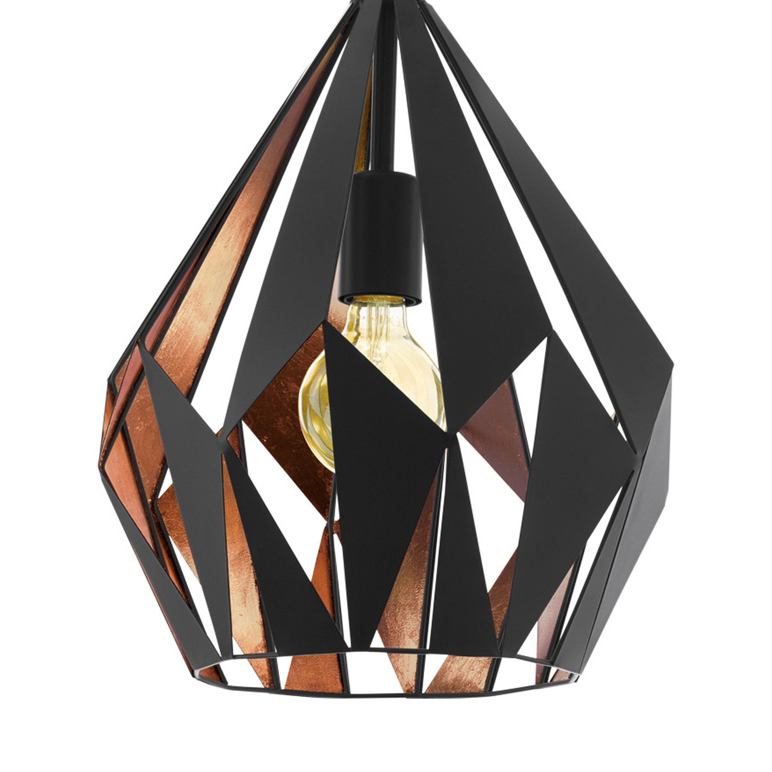Schwarze und bronzefarbene geometrische Pendelleuchte mit sichtbarer Glühbirne.