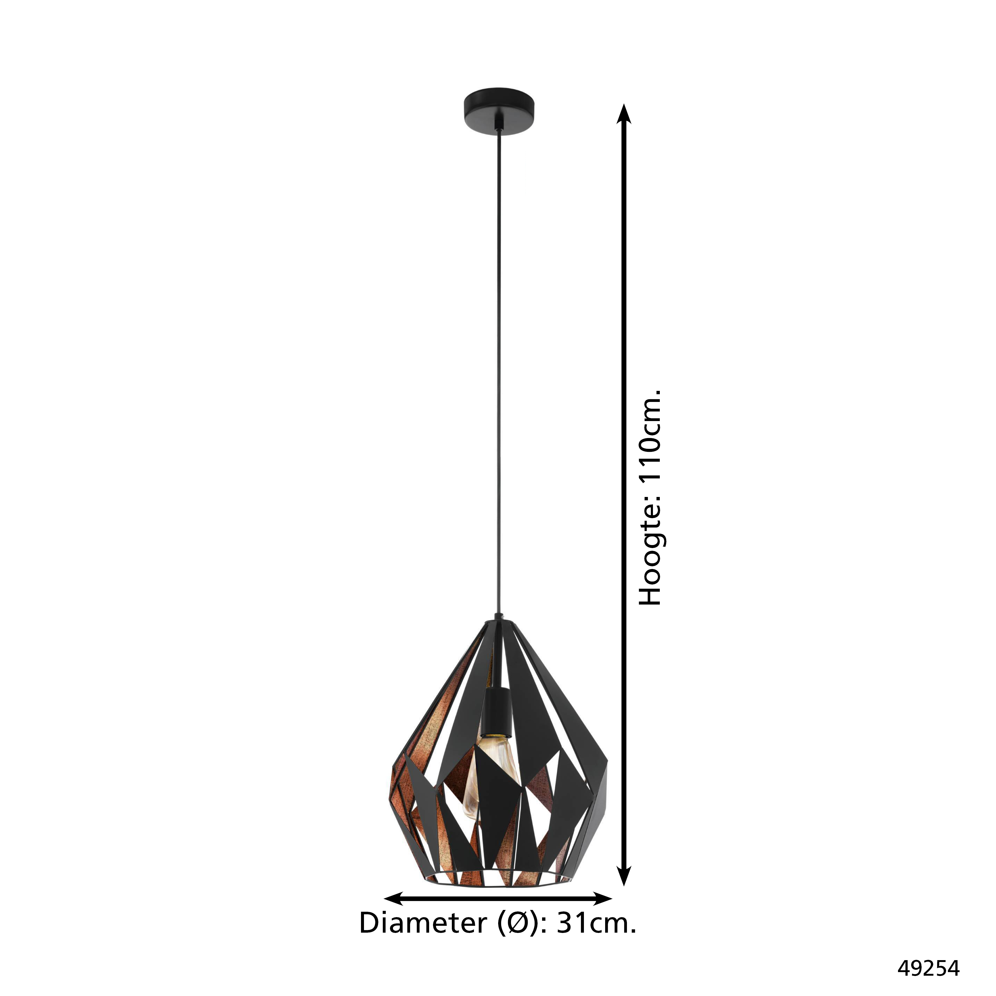 Eine schwarze Pendelleuchte mit geometrischem Schirm und freiliegender Glühbirne. Der Durchmesser beträgt 31 cm, die Höhe 110 cm.