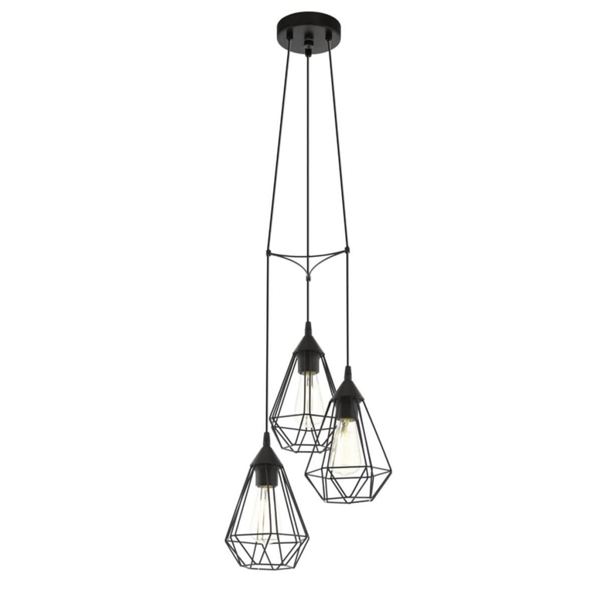 Tre lampade a sospensione geometriche nere appese al soffitto. Ognuna ha un paralume a gabbia con una lampadina all'interno. Sfondo bianco.