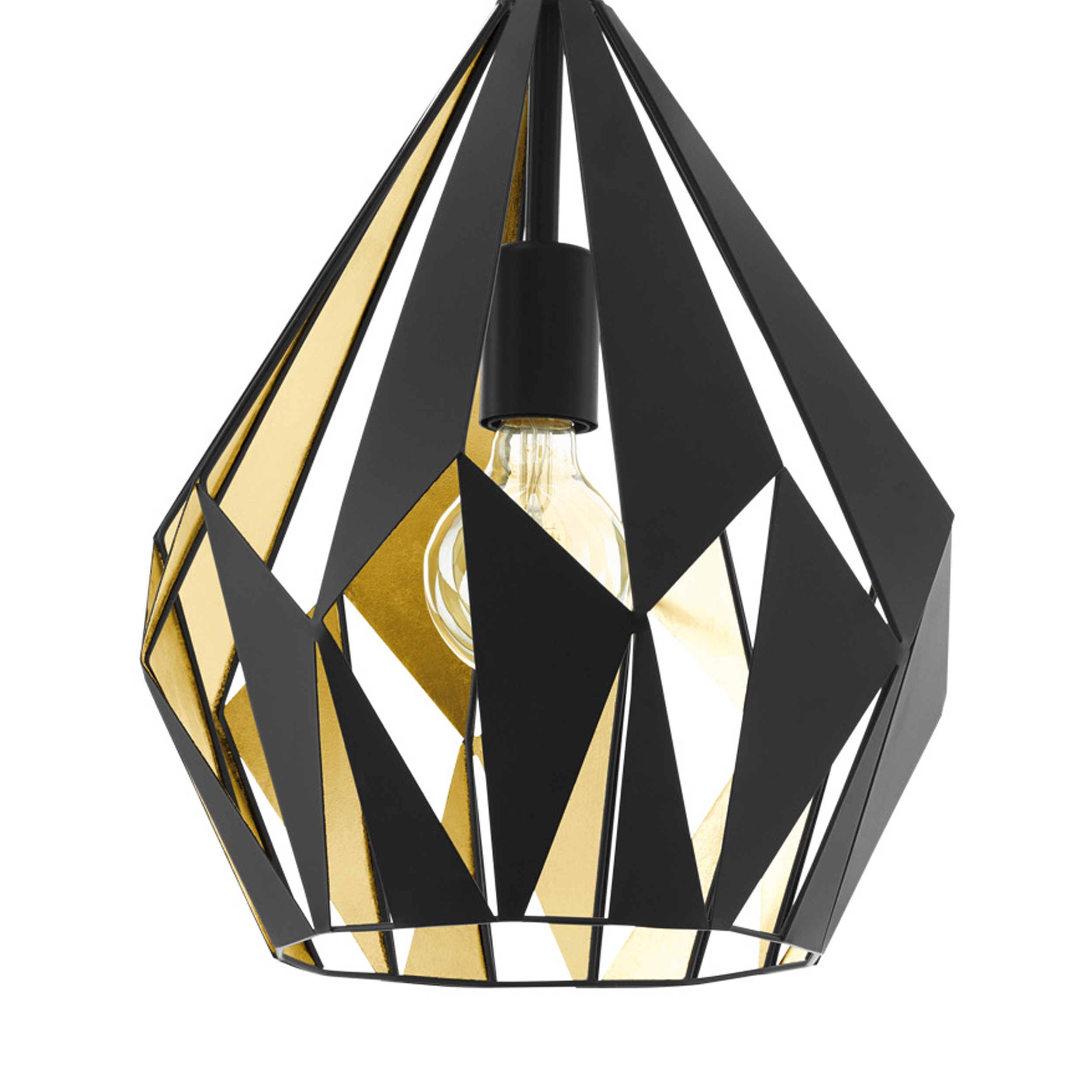 Geometrische schwarze und goldfarbene Pendelleuchte. Diamantform mit sichtbarer Glühbirne. Weißer Hintergrund.