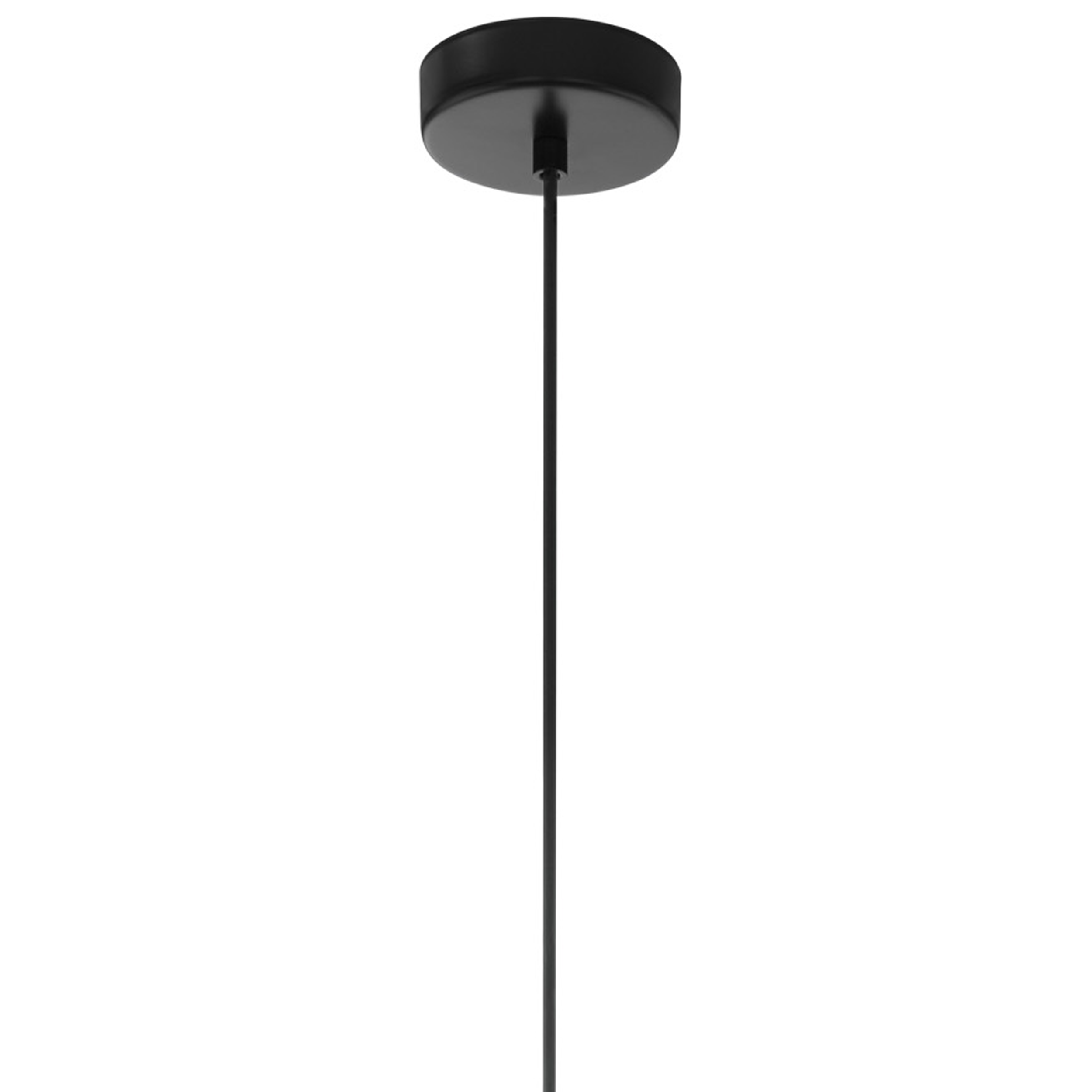 Eine schwarze Deckenleuchte. Sie hat eine kreisförmige Basis, die an einer schwarzen Stange befestigt ist.