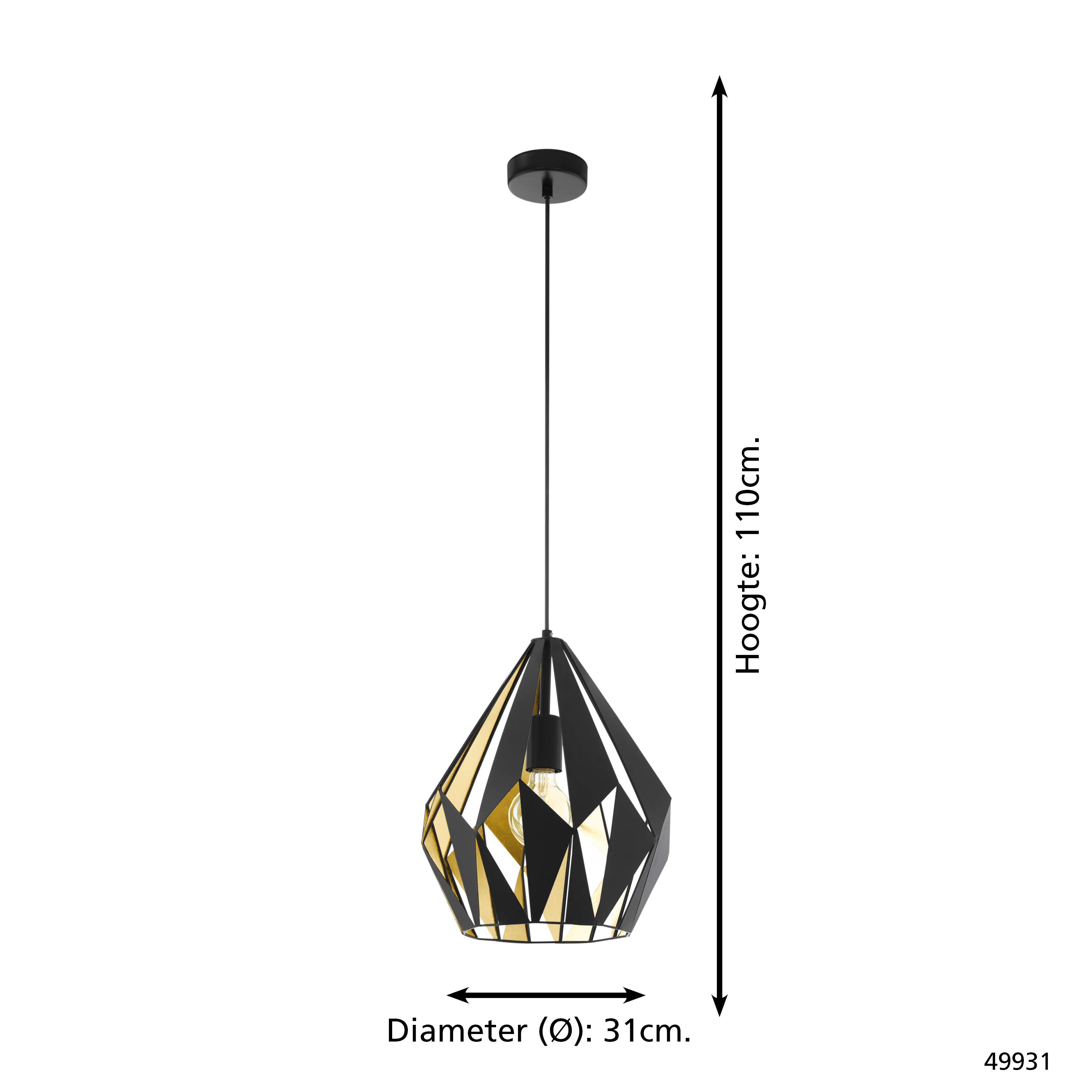 Eine schwarz-goldene geometrische Pendelleuchte. Die Höhe beträgt 110 cm und der Durchmesser 31 cm.