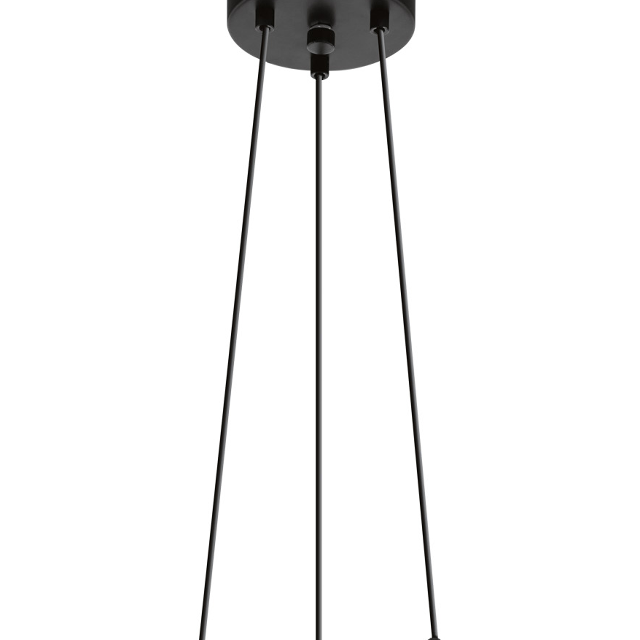 Primo piano di un lampadario nero. Tre cavi neri scendono da una base circolare contro sfondo bianco.