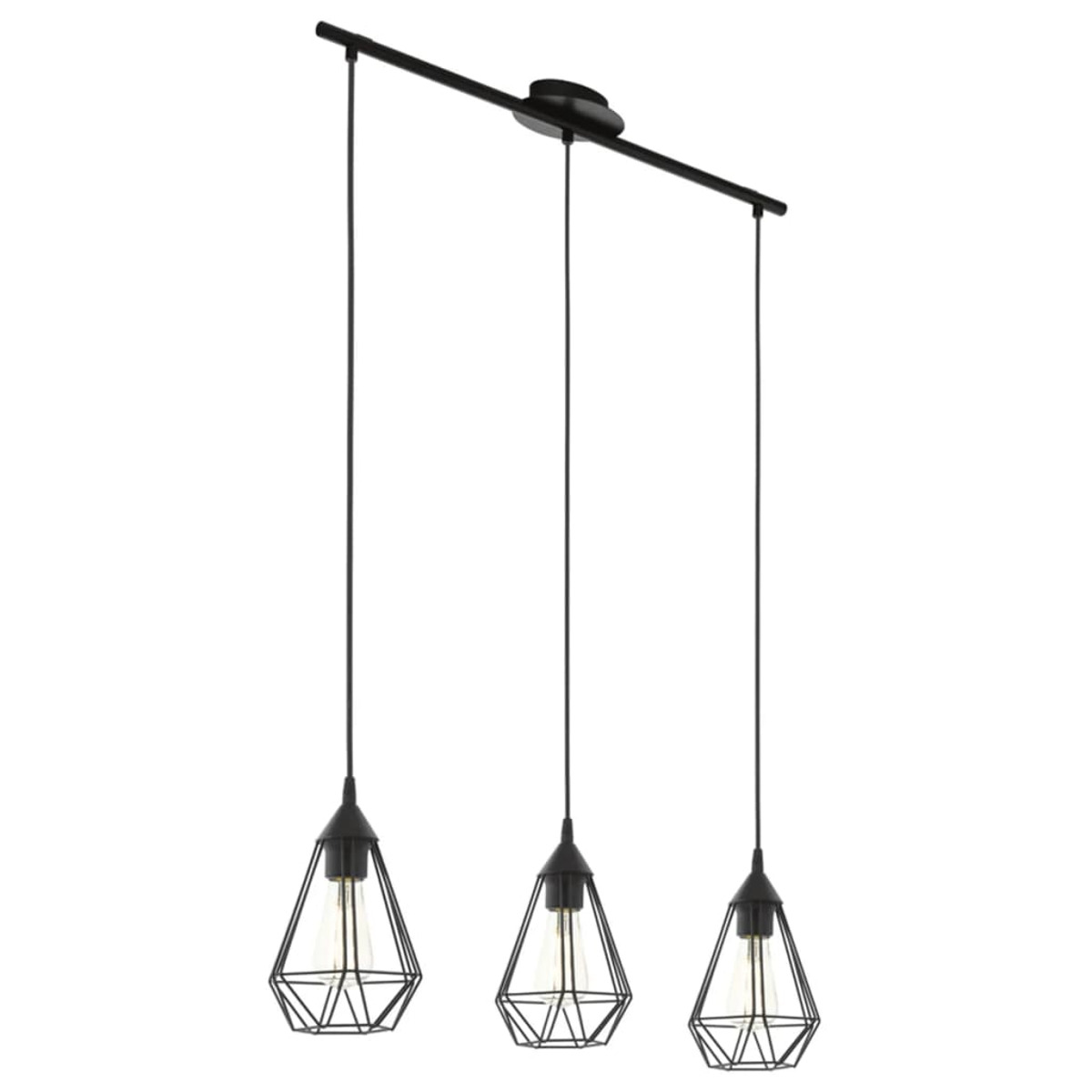 Tre lampade a sospensione nere con gabbie a forma di diamante e lampadine Edison pendono su uno sfondo bianco.
