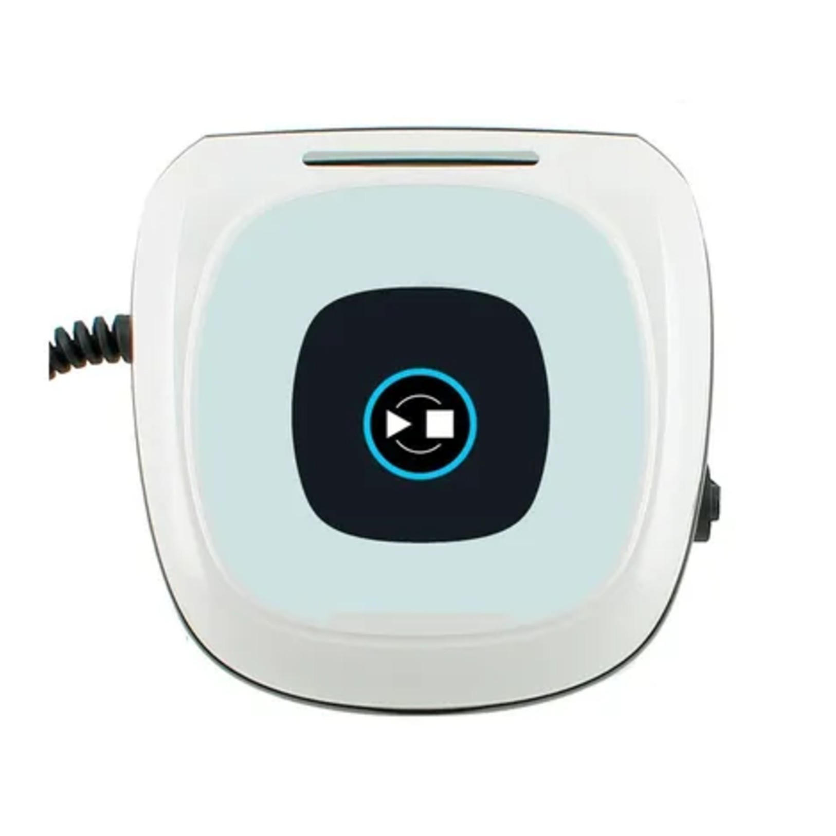Dispositivo blanco con centro iluminado en azul, botón cuadrado negro con icono de reproducción/parada y cable en espiral a la izquierda.