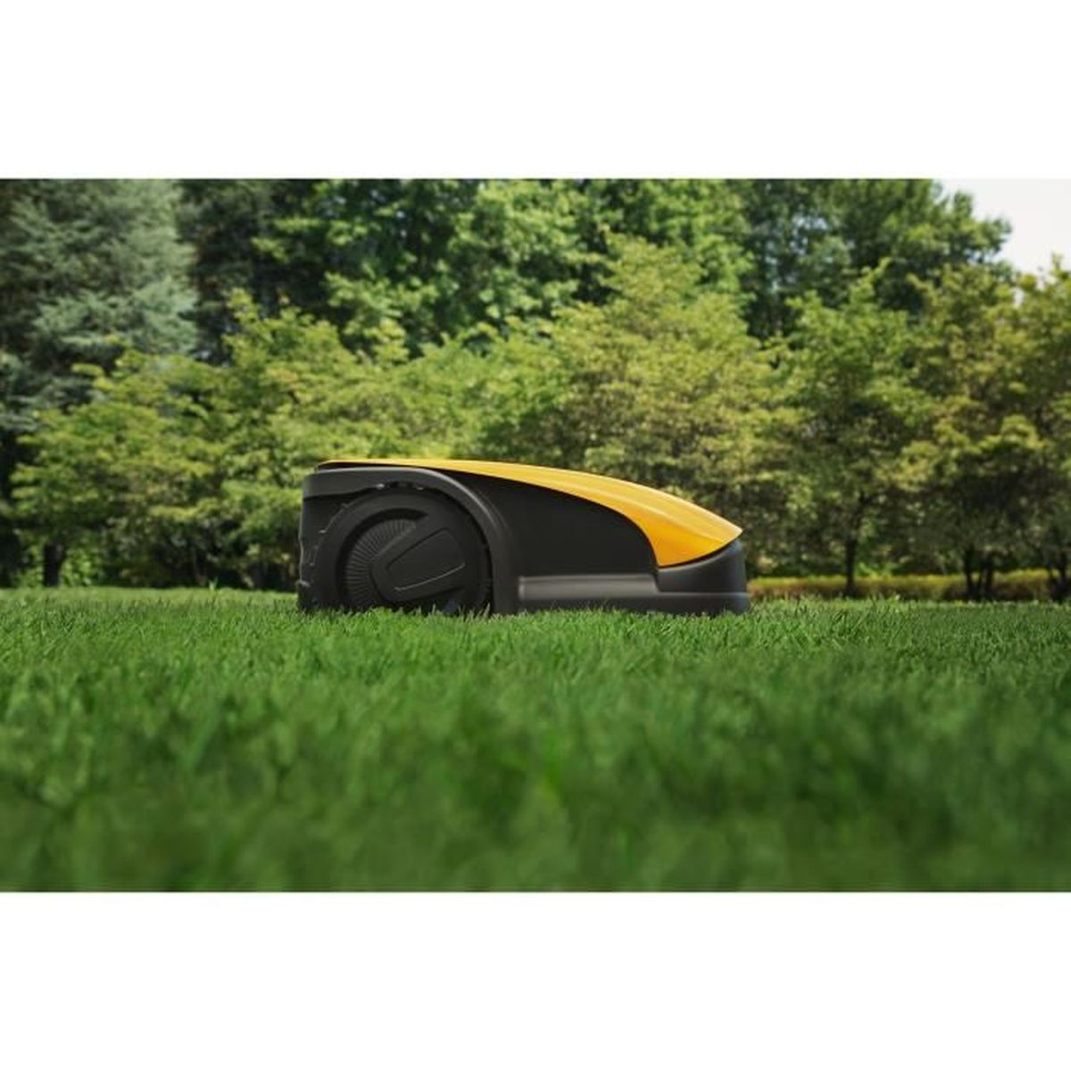 Un cortacésped robótico, negro y amarillo, sobre hierba verde. Los árboles forman el fondo, proporcionando una escena natural al aire libre.