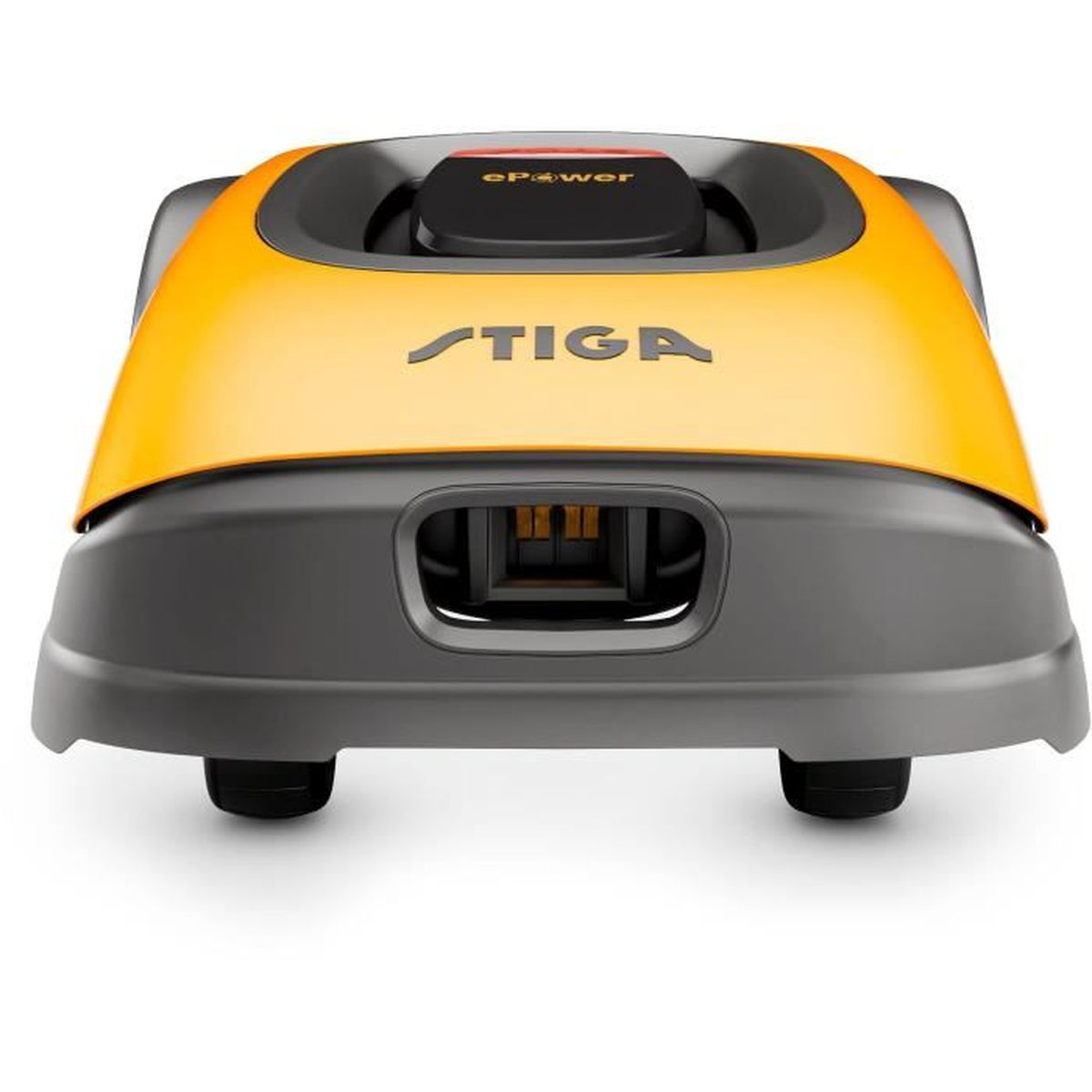 Un cortacésped robótico. Tiene una parte superior naranja, una base gris y la marca STIGA es visible. También es visible la palabra ePower.