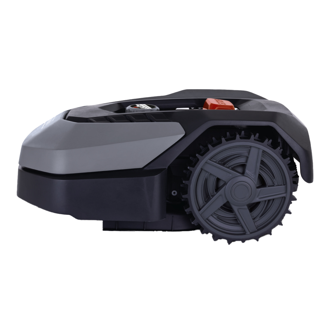 Robot koszący, szary i czarny, z dużym kołem po prawej stronie. Ma szary przód i czerwony przycisk na górze.