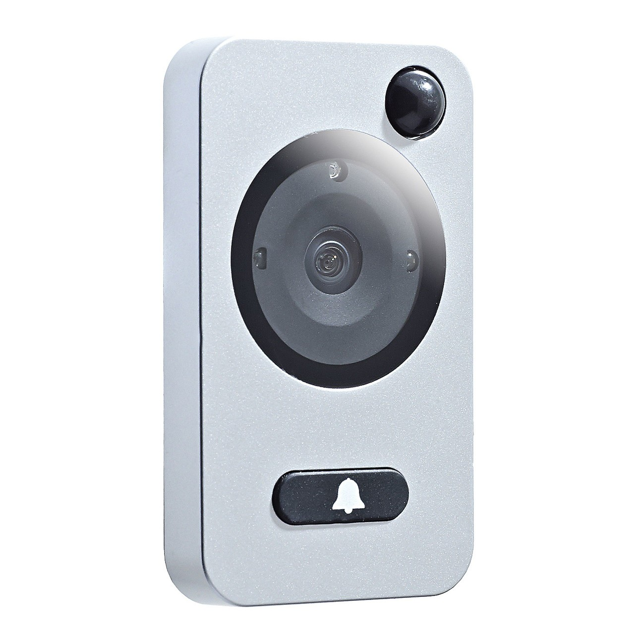 Una videocamera campanello argentata con obiettivo nero, pulsante e un pulsante nero in alto. C'è un'icona a campana sul pulsante.