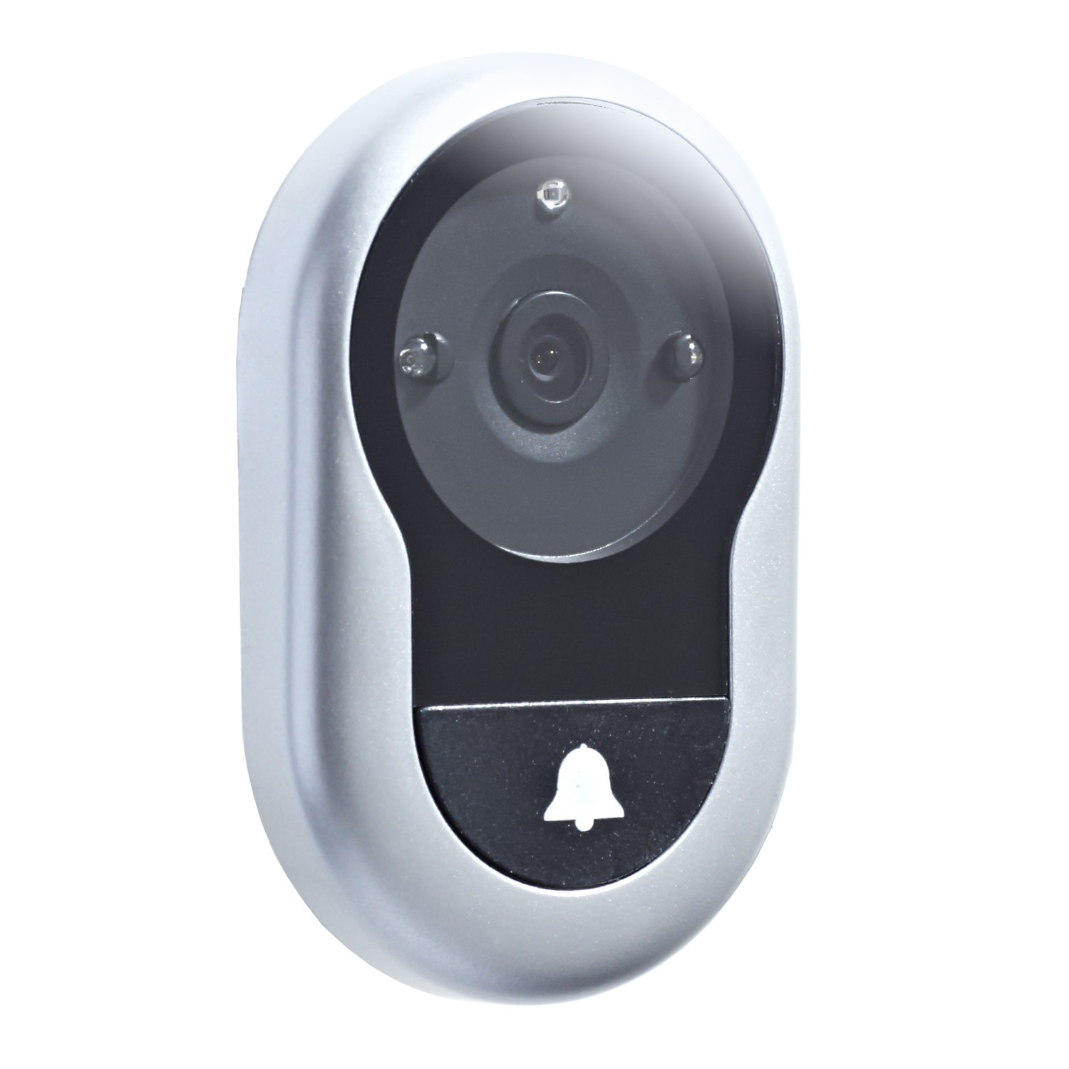 Videocamera campanello argentata con pulsante nero e icona campana, lente e sfondo bianco.