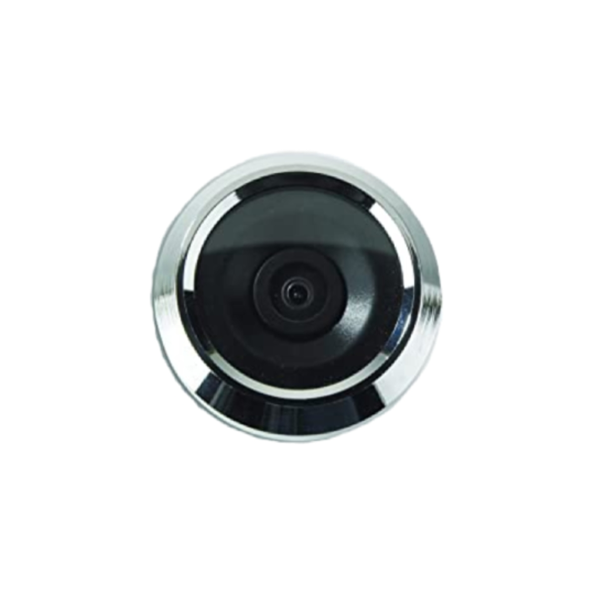 Una telecamera di sicurezza rotonda con centro nero e finiture argentate, su sfondo bianco.