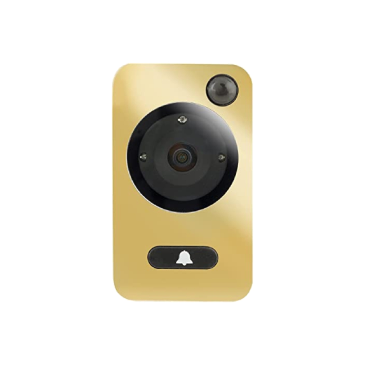 Un campanello rettangolare dorato con fotocamera, un piccolo sensore nero e un pulsante a campana. L'obiettivo della fotocamera è nero.