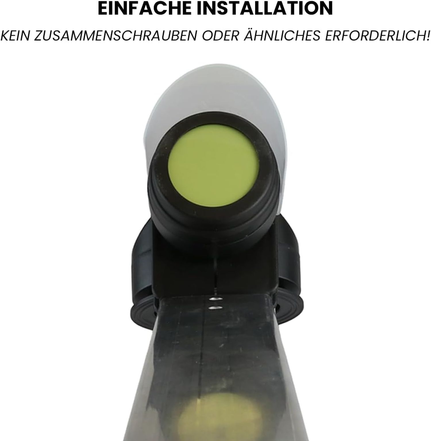 Nahaufnahme eines schwarz-weißen Objekts mit grünem Kreis. Oben steht 'Einfache Installation'.