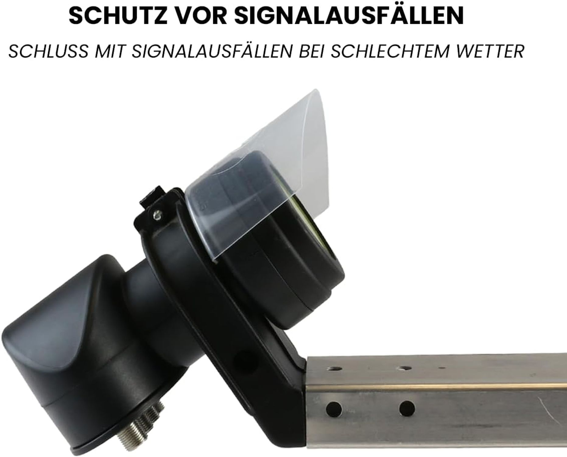 Schwarze Satellitenschüssel mit Schutzhülle, montiert auf einer Metallhalterung. Text auf Deutsch oben.