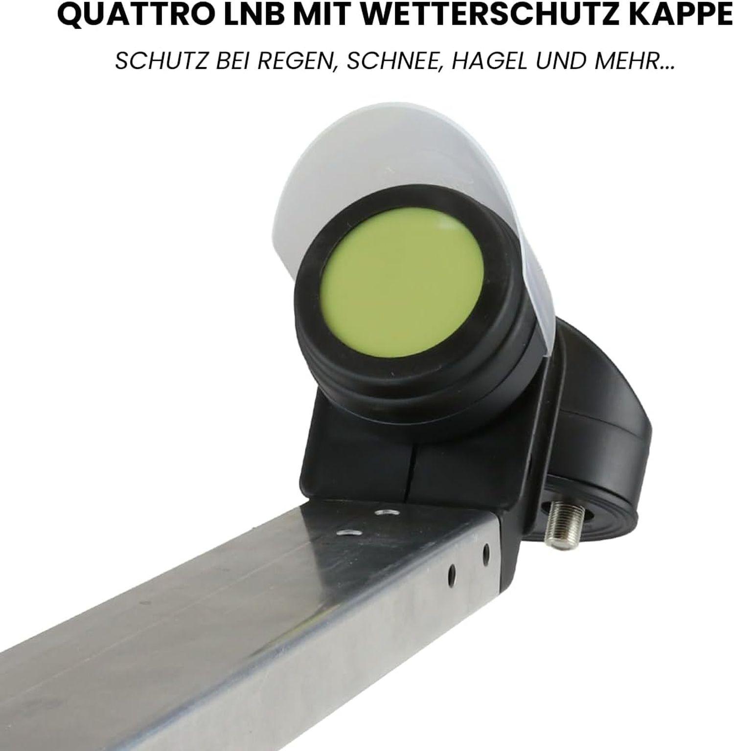 Ein Satelliten-LNB mit Wetterschutz. Es ist schwarz und silber. Das LNB hat eine weiße Abdeckung und einen grünen Kern.