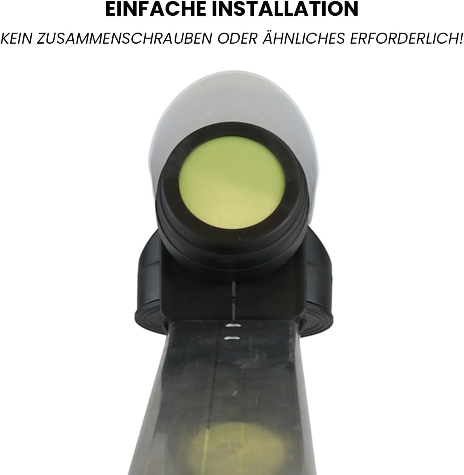 Nahaufnahme eines Objekts mit hellgrüner Mitte und schwarzem und grauem Äußeren. Der Text oben lautet: 'Einfache Installation'.