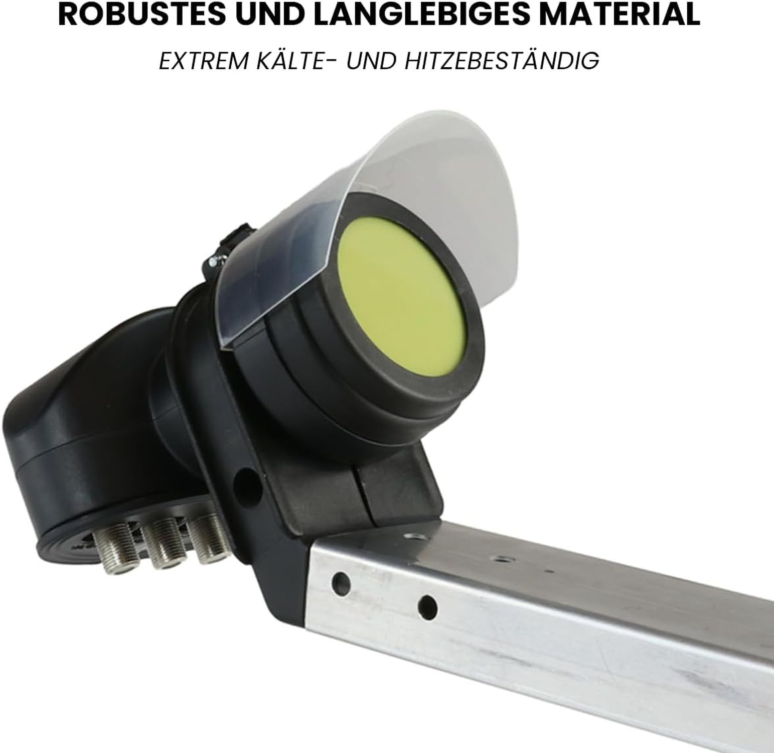 Nahaufnahme eines schwarzen Satellitenempfängers mit transparenter Abdeckung und silbernem Metallarm. Der Empfänger hat eine grüne Mitte.
