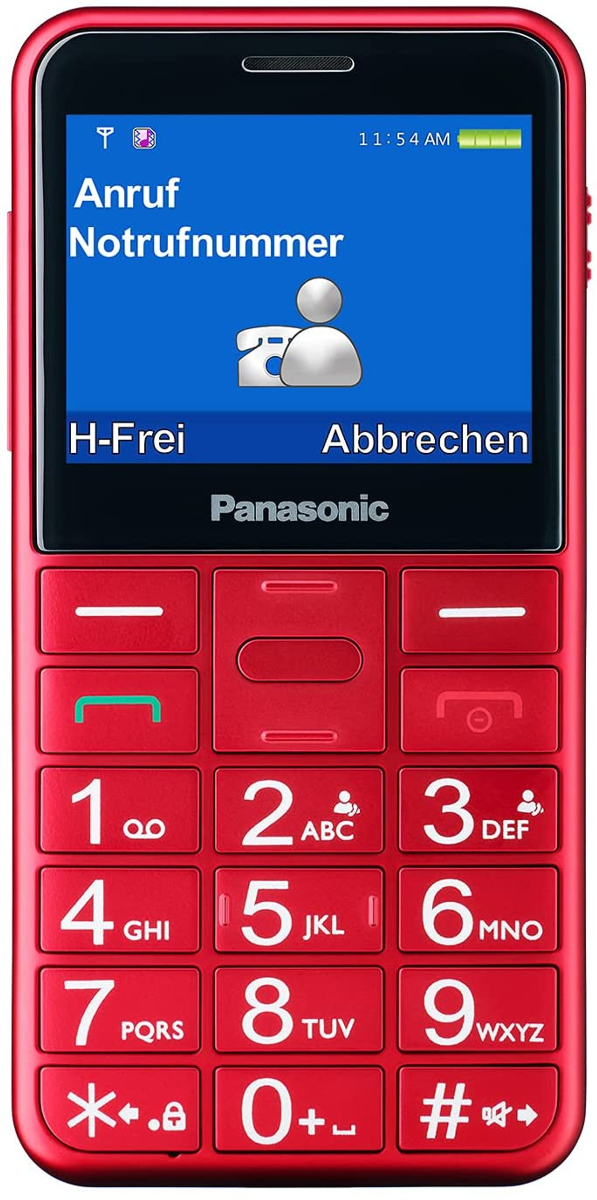 Rotes Panasonic-Handy mit Notrufbildschirm. Große Tasten mit Zahlen und Funktionstasten sind sichtbar.