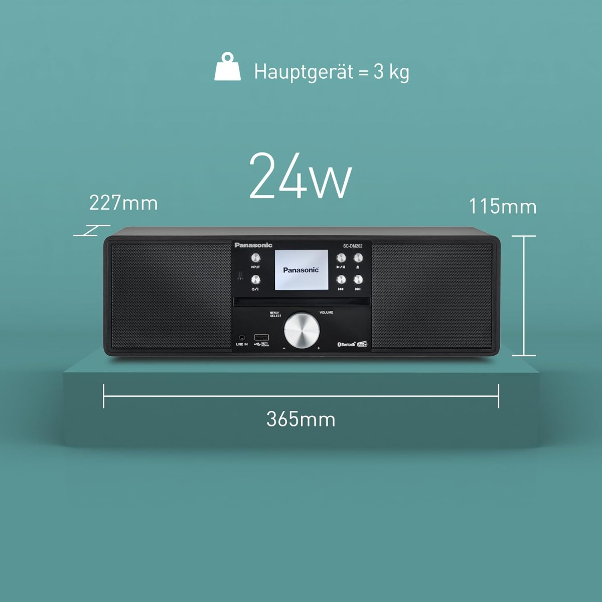 Ein schwarzes Panasonic-Radio steht auf einer blauen Fläche. Abmessungen sind angegeben. Text enthält 24W und Hauptgerät = 3 kg.