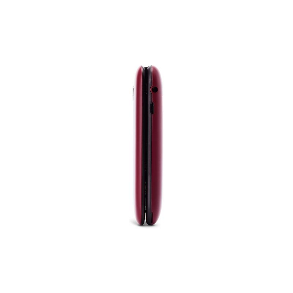 Vista laterale di un telefono chiuso color bordeaux. Il telefono ha una finitura liscia e lucida con un contorno nero. Sfondo bianco.
