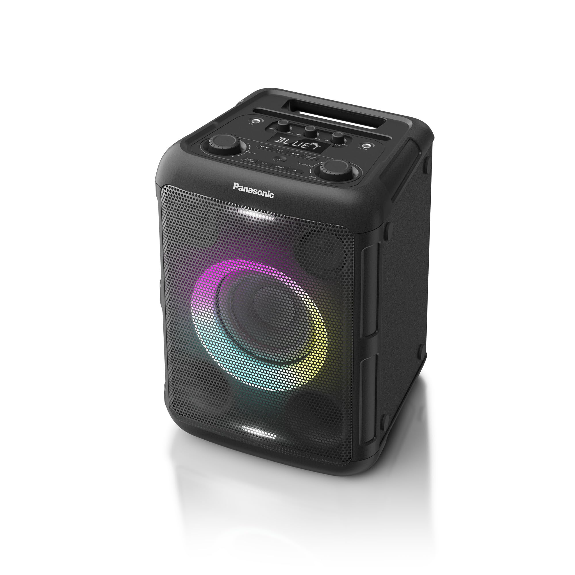 Czarny głośnik Bluetooth Panasonic z podświetlanym głośnikiem i panelem sterowania na górze. Stoi na białej powierzchni.