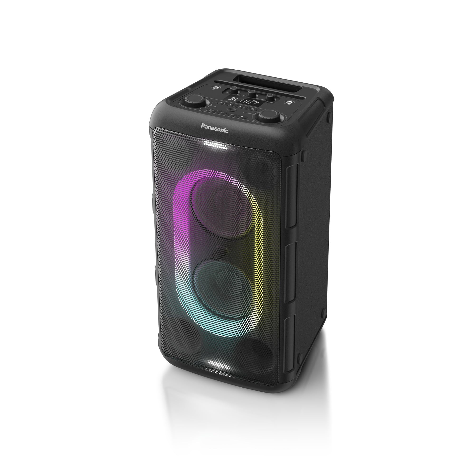 Czarny głośnik Panasonic z kolorowym wyświetlaczem świetlnym. Głośnik ma siatkowy przód i pokrętła sterowania na górze.
