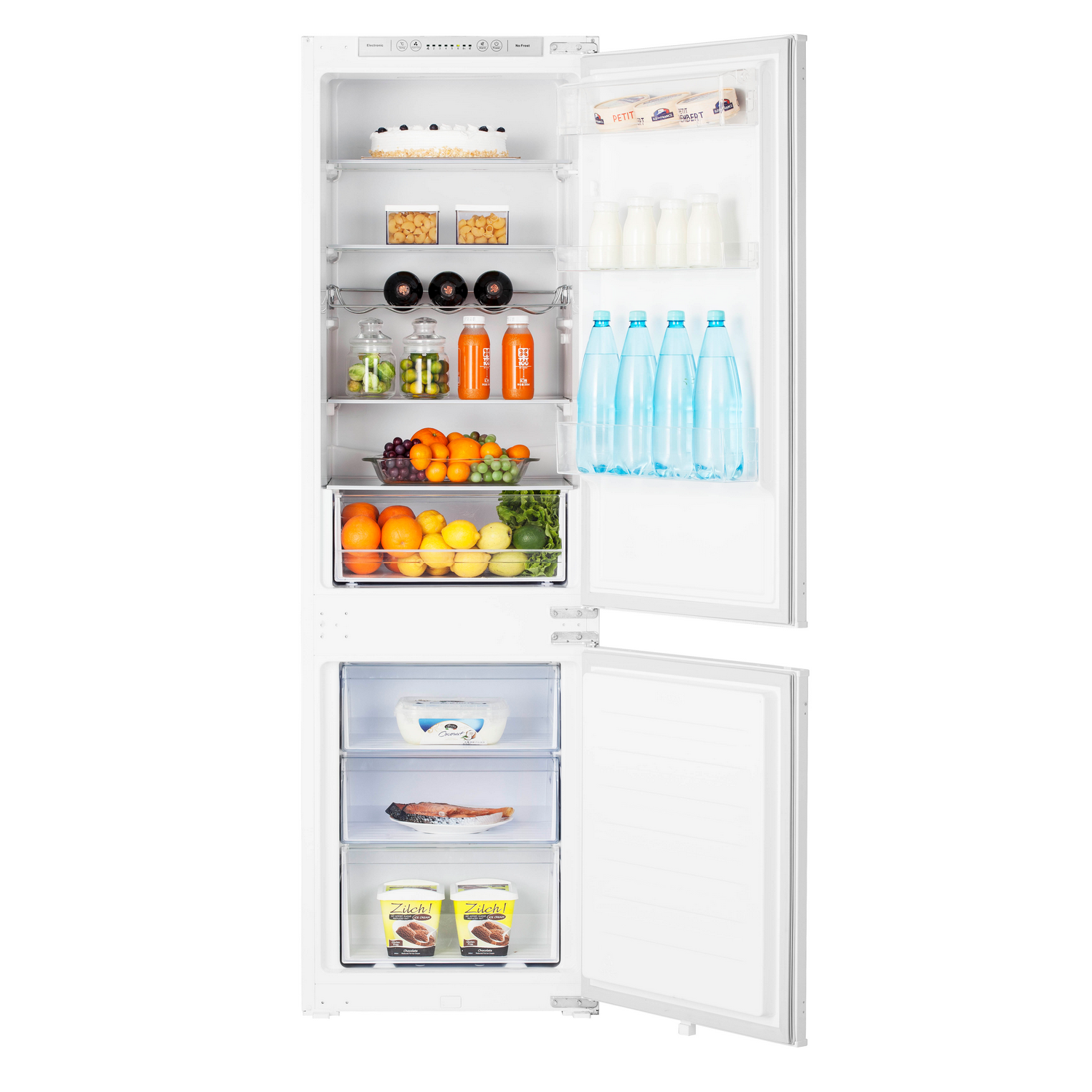 Open fridge filled with food: cake, pasta, wine, juice, fruit, vegetables, milk, water, cheese, fish, and ice cream.