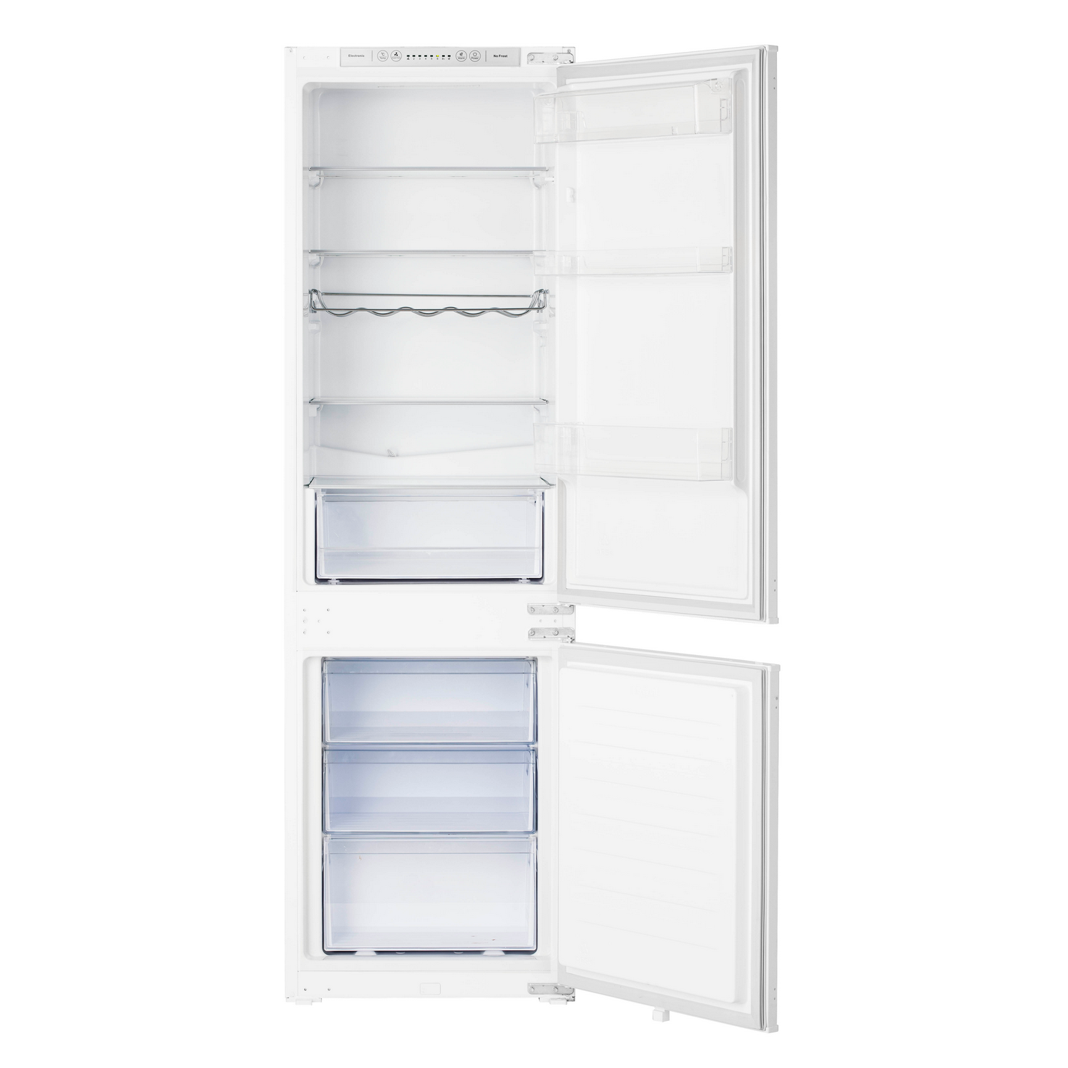 A white refrigerator with open doors. Inside, shelves, drawers, and a wine rack are visible. The top door has control panel.