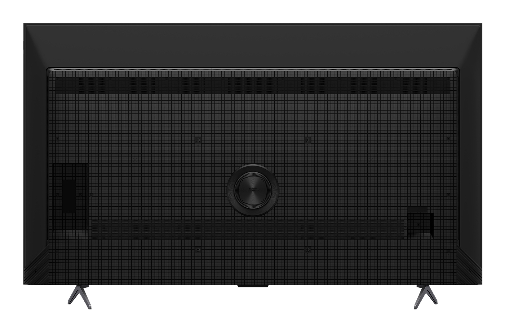 Widok z tyłu czarnego telewizora. Ma teksturowany tył z centralnym okrągłym wzorem i dwiema nogami w kształcie litery V.