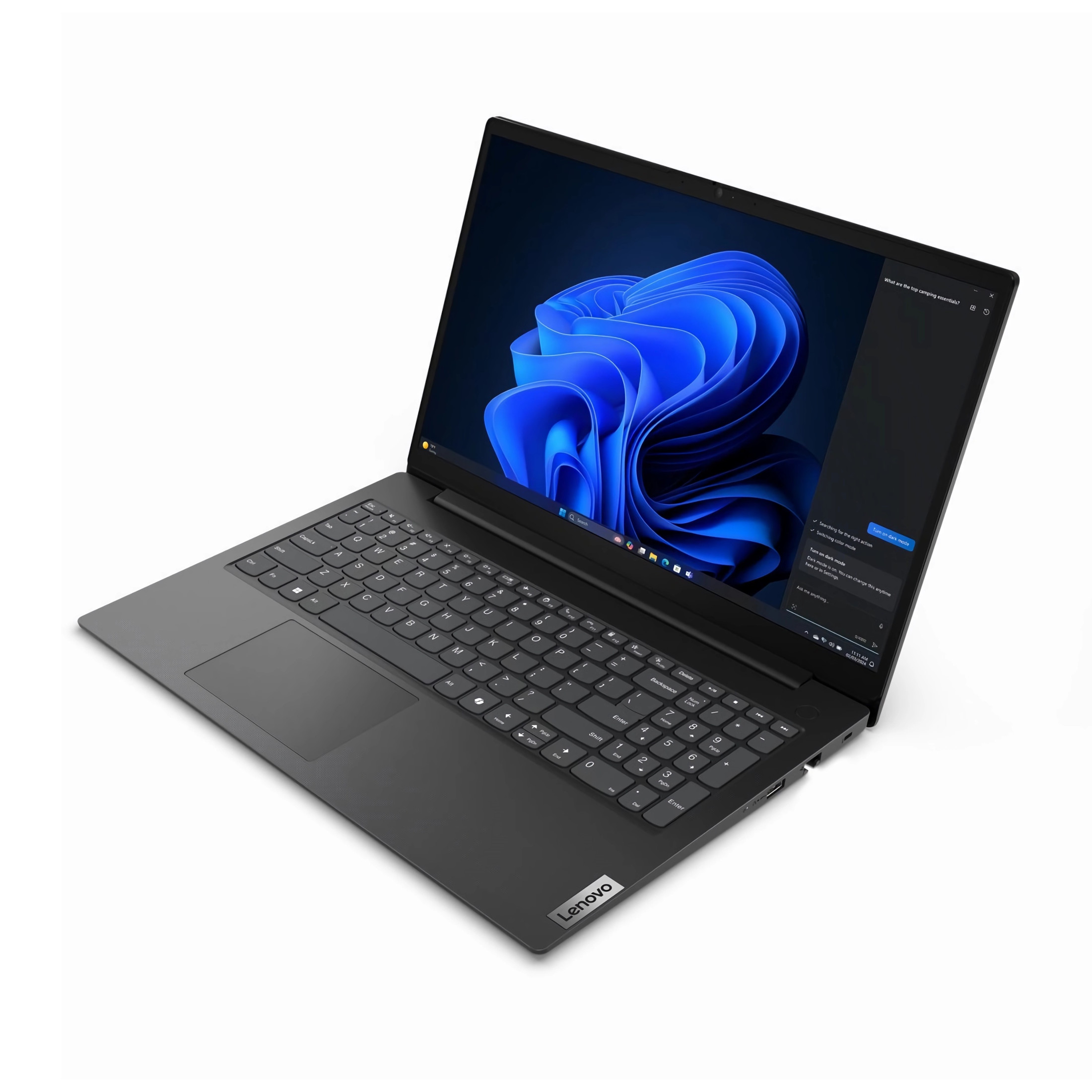Un laptop Lenovo nero è aperto. Lo schermo mostra un'immagine blu astratta. La tastiera e il touchpad sono visibili.