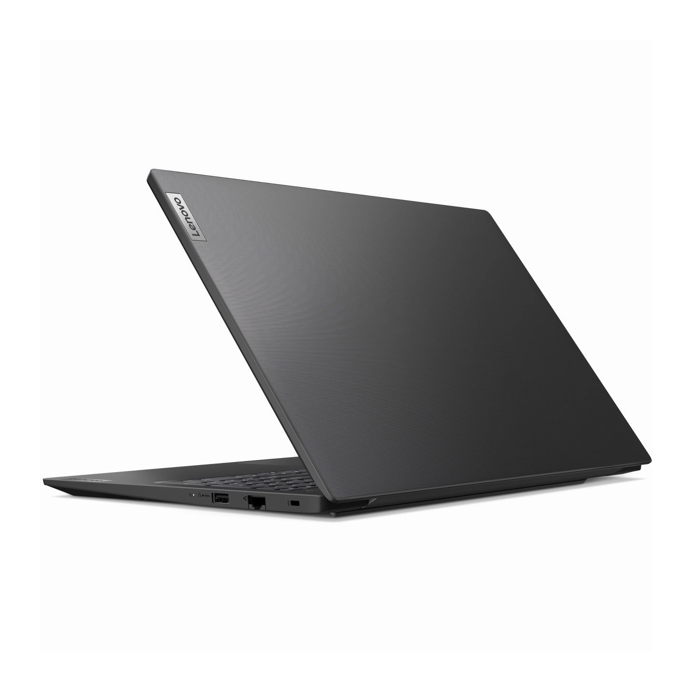 Un laptop Lenovo nero è aperto su sfondo bianco. Il coperchio è angolato, rivelando la tastiera e le porte.