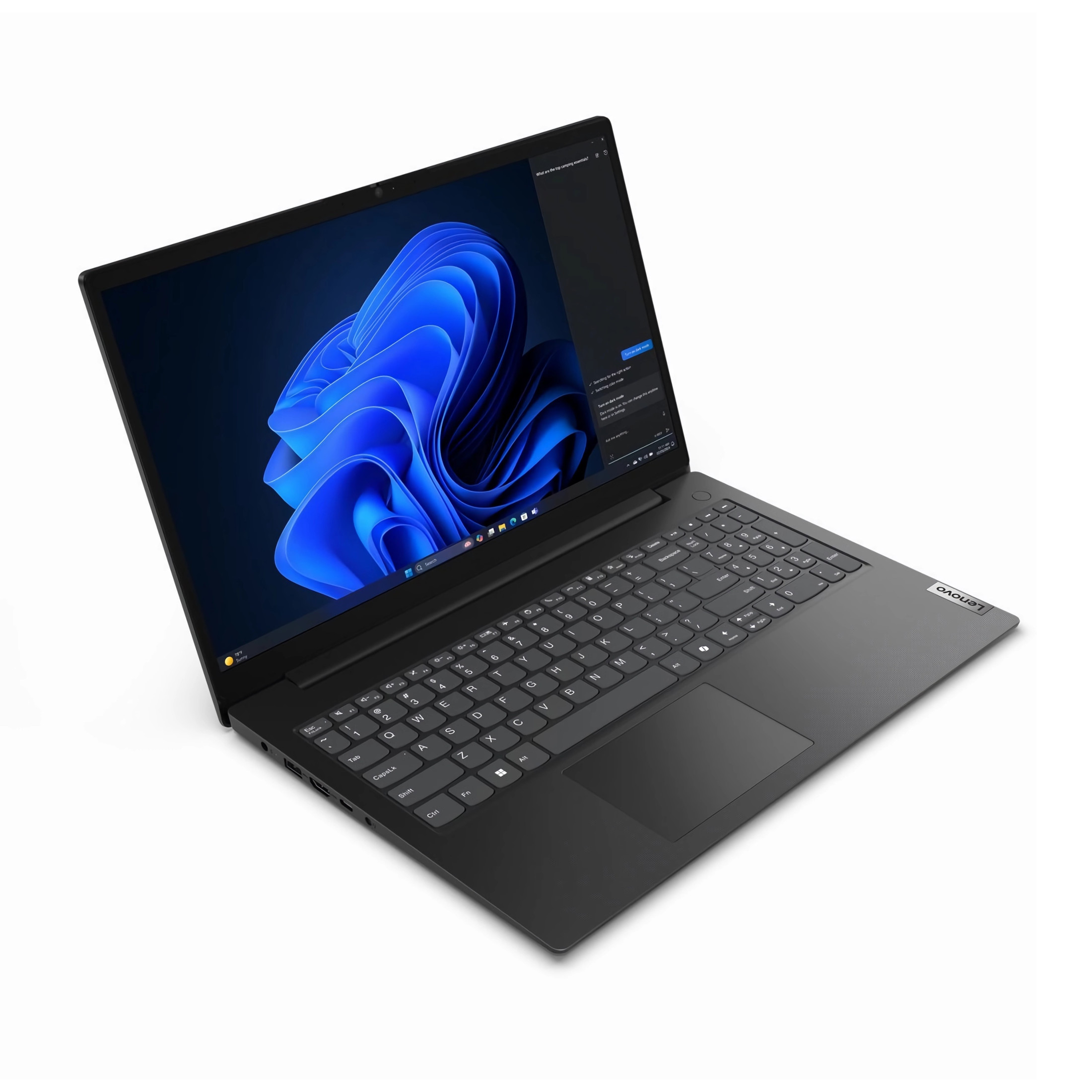 Schwarzer Lenovo-Laptop auf weißer Oberfläche. Bildschirm zeigt blaue Wirbel. Die Tastatur ist im Fokus.