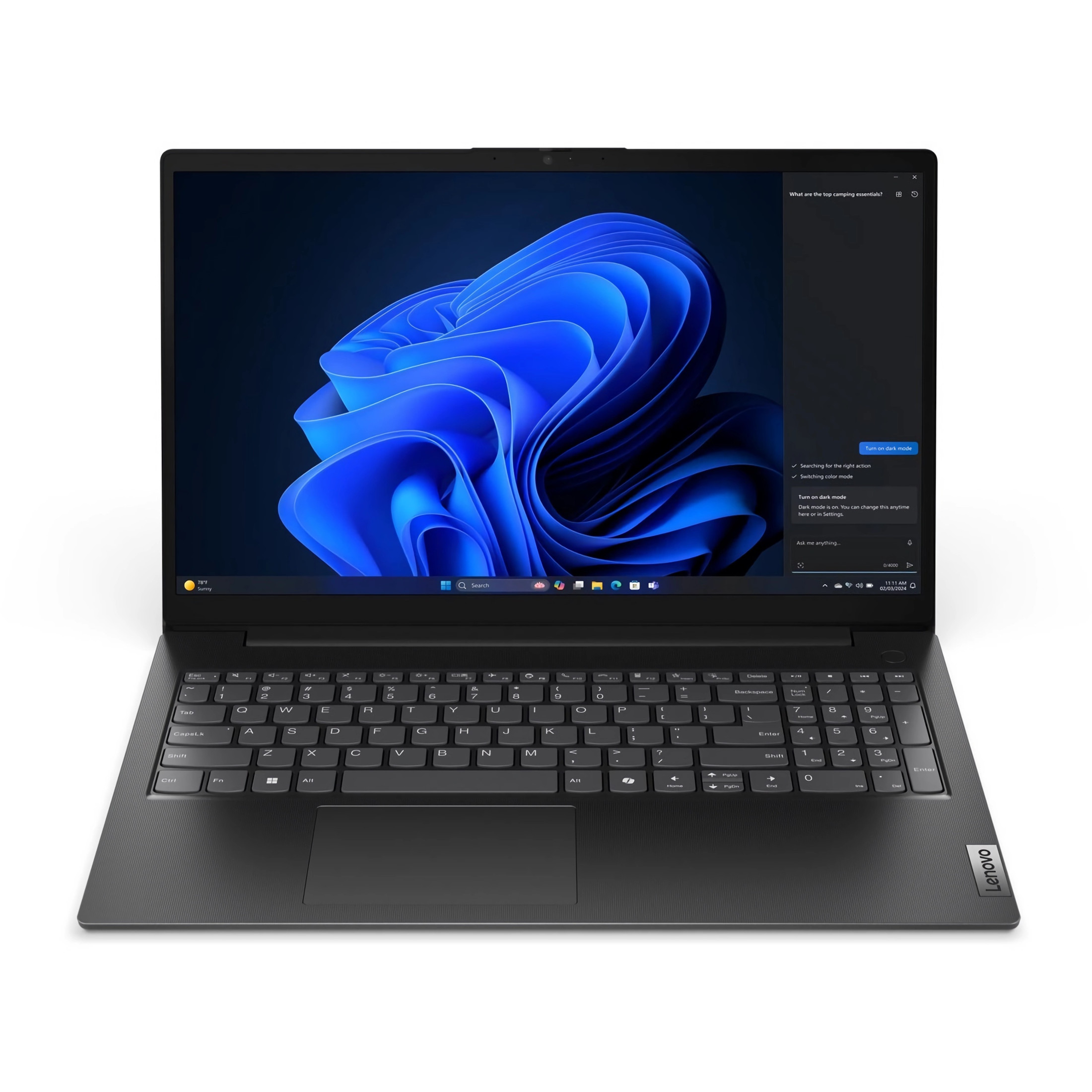 Ein grauer Lenovo-Laptop ist geöffnet und zeigt einen blauen abstrakten Hintergrund. Der Bildschirm zeigt eine Suchleiste und Widgets.