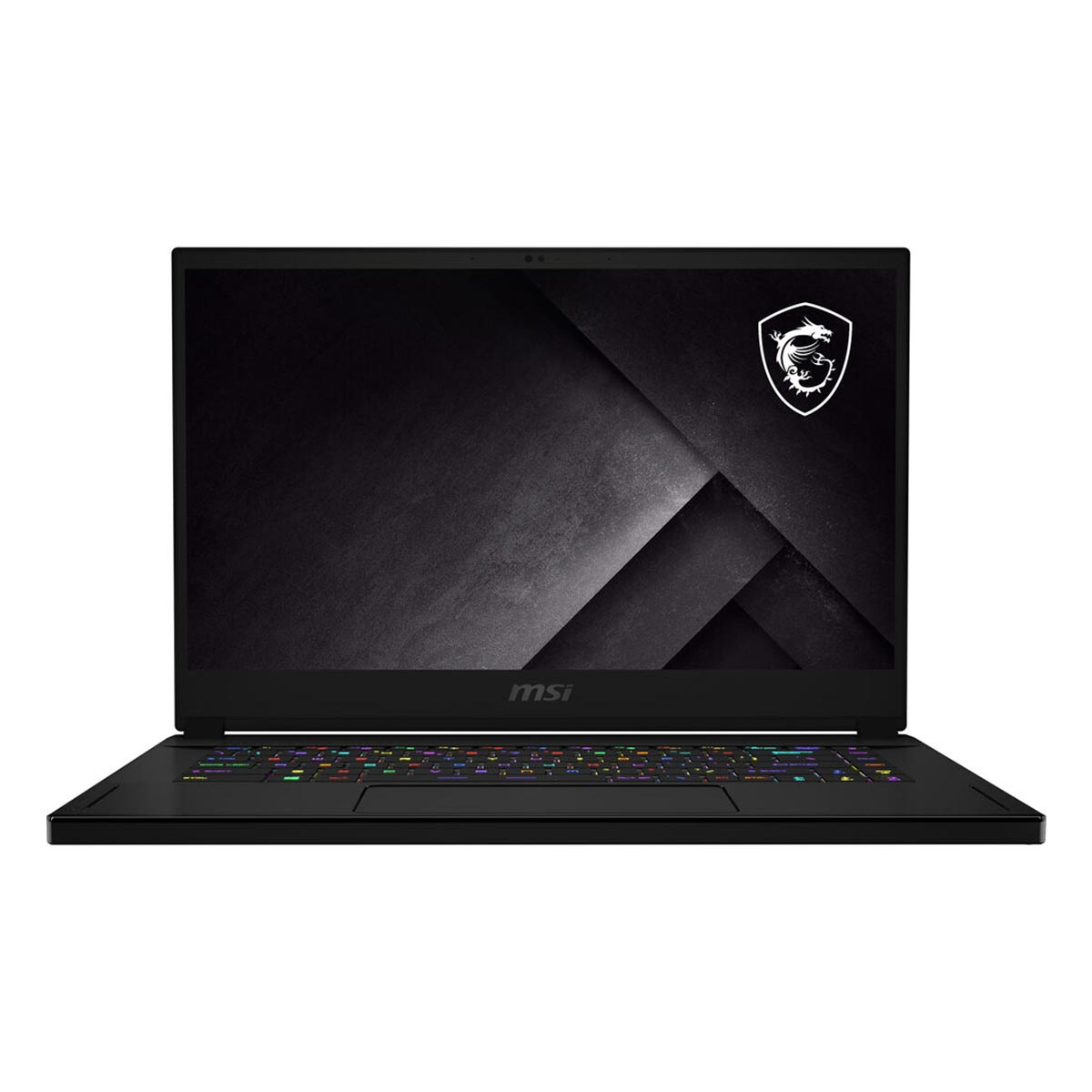 Czarny laptop MSI. Ekran wyświetla teksturowane szare tło i logo MSI. Klawiatura ma kolorowe podświetlane klawisze.